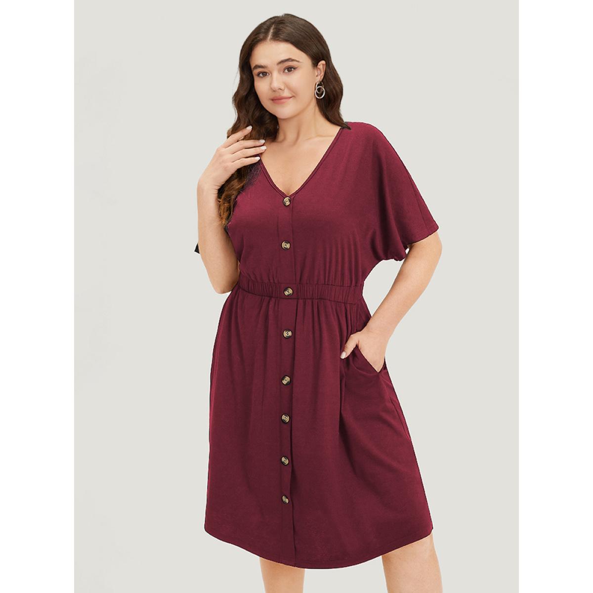 Plus Size Supersoft Essentials Contrast Button Detail Shirred Pocket Dress Scarlet Women Casual Plain V-neck Short sleeve Curvy Midi Dress BloomChic 30/6X Product Image