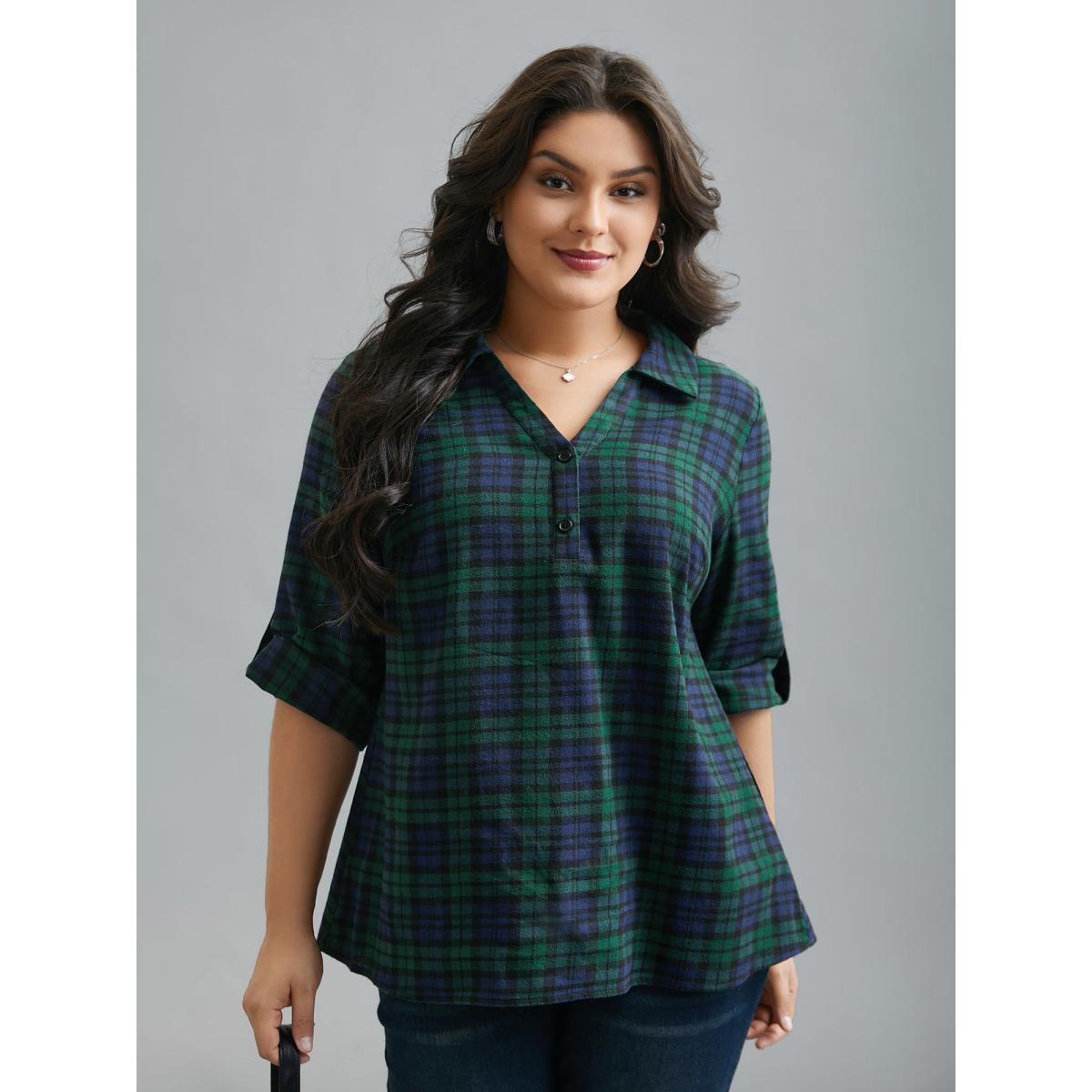 Plus Size DarkGreen Plaid Print Tab Sleeve Blouse Women At the Office Elbow-length sleeve Shirt collar Work Blouses BloomChic 28/5X Product Image