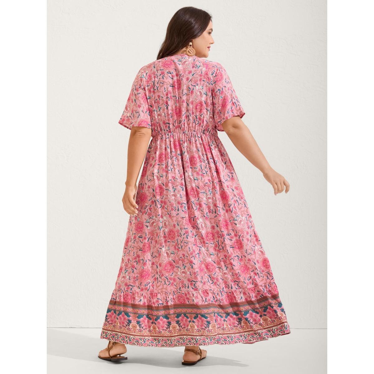 Plus Size Rosy Floral Print Lace Maxi Dress Blush Women Boho Overlap Collar Short sleeve Curvy BloomChic 28/5X Product Image