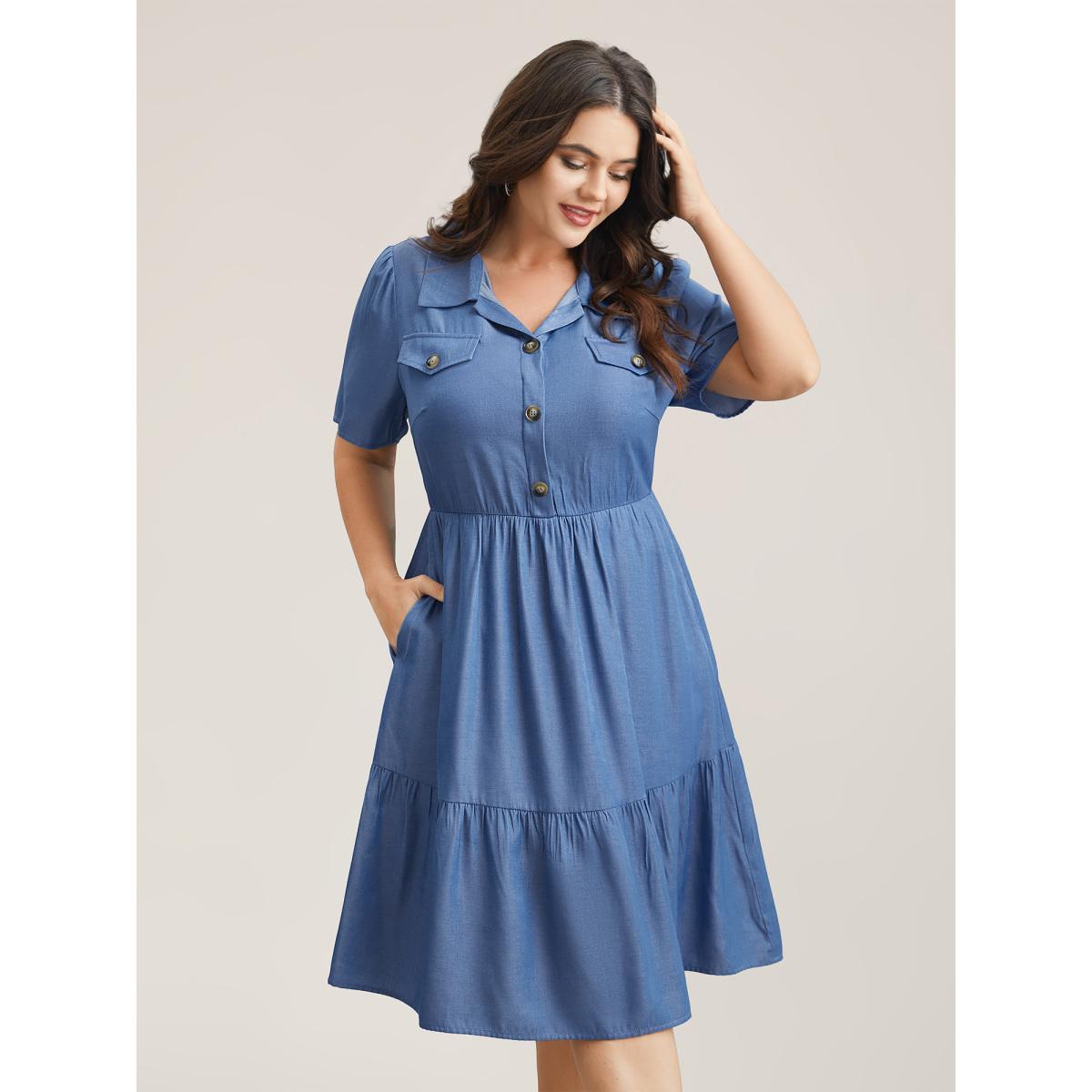 Plus Size Fake Denim Stretchy-Waist Placket Midi Dress LightBlue Women Casual Button Shirt collar Short sleeve Curvy BloomChic 10/M Product Image