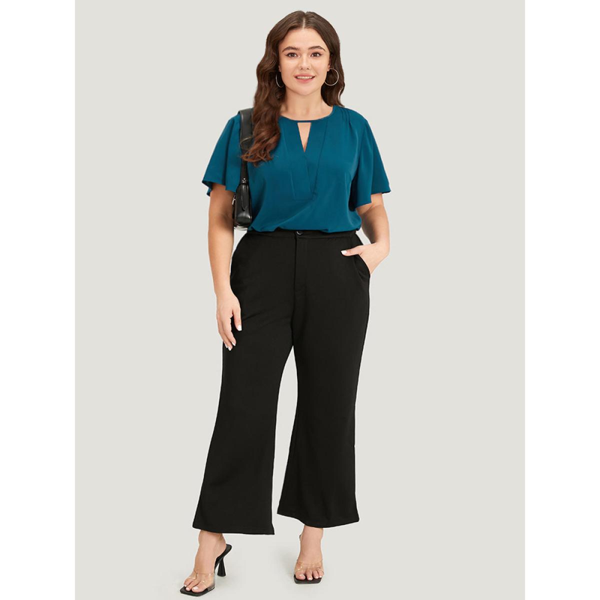 Plus Size Cyan Plain Cut Out Flutter Sleeve Pleated Blouse Women Office Short sleeve V-neck Work Blouses BloomChic 26/4X Product Image