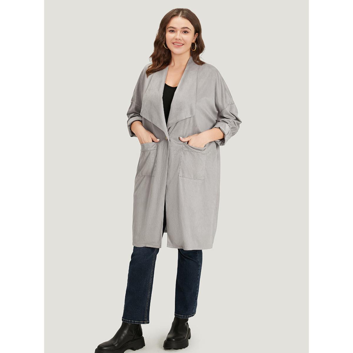 Plus Size Solid Lapel Collar Patched Pocket Faux Suede Coat Women DarkGray Casual Plain Ladies Dailywear Winter Coats BloomChic 14-16/1X Product Image