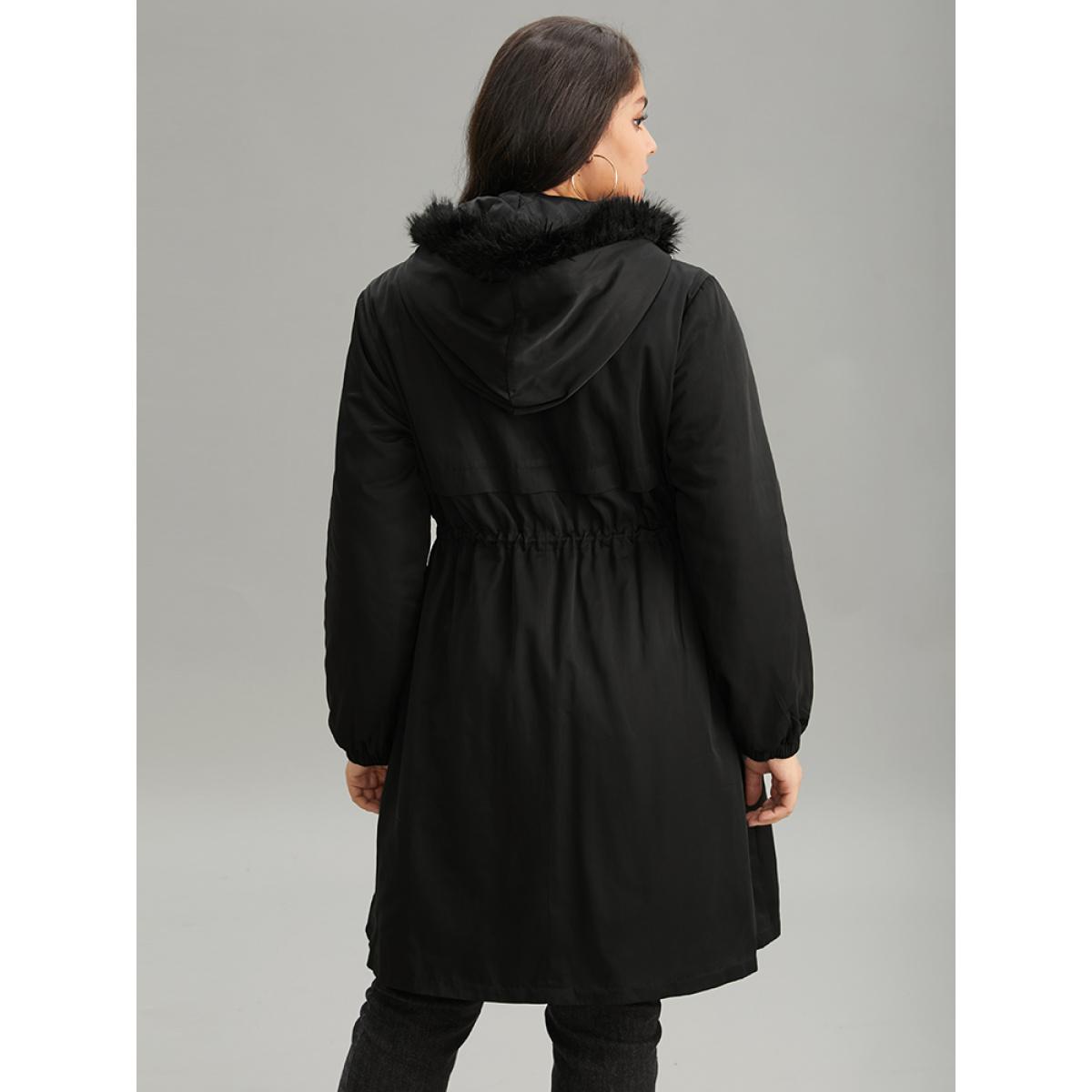 Plus Size Solid Hooded Drawstring Zipper Fuzzy Trim Coat Women Black Casual Plain Ladies Dailywear Winter Coats BloomChic 18-20/2X Product Image