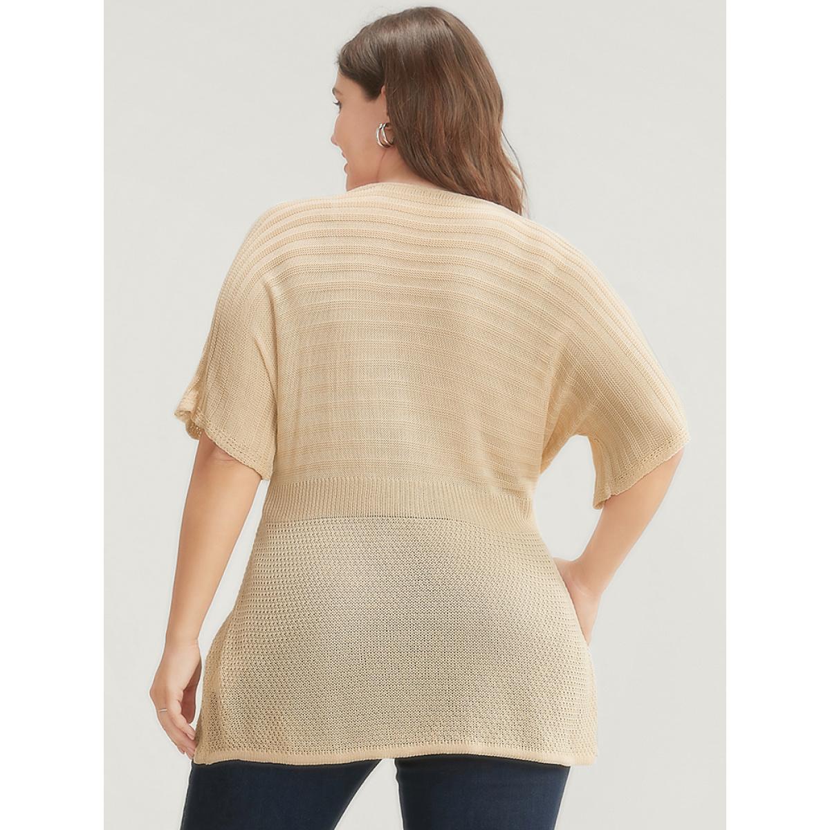 Plus Size Plain Dolman Sleeve Wrap Knit Top Champagne Women Casual Short sleeve V-neck Dailywear Pullovers BloomChic 14-16/1X Product Image