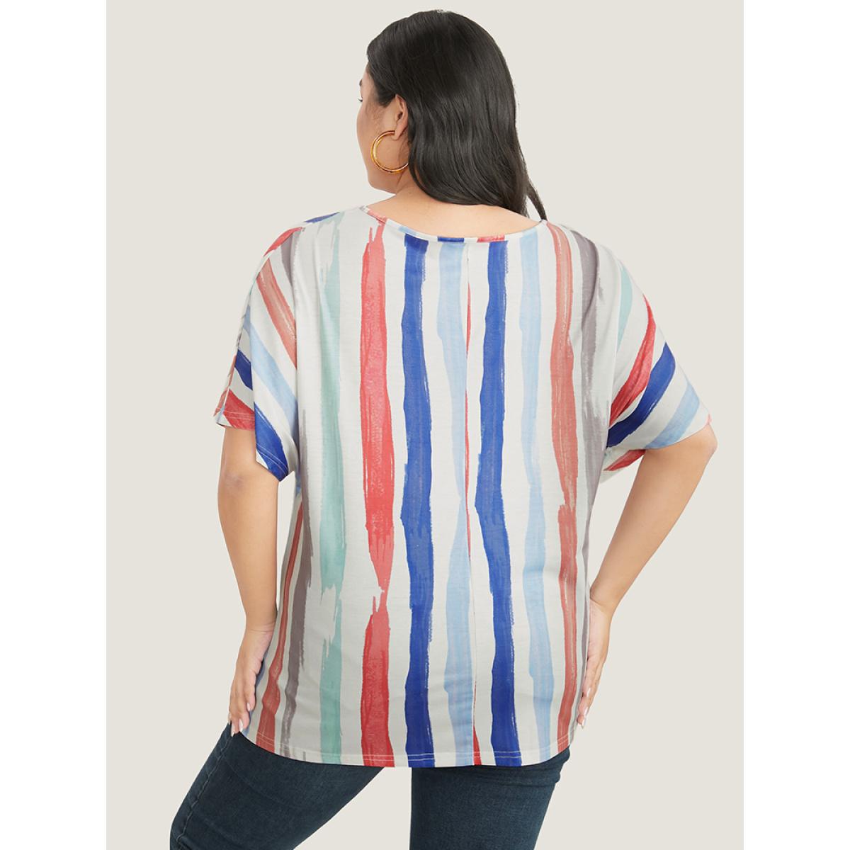 Plus Size Striped Contrast Dolman Sleeve V Neck T-shirt White Women Casual Striped V-neck Everyday T-shirts BloomChic 10/M Product Image