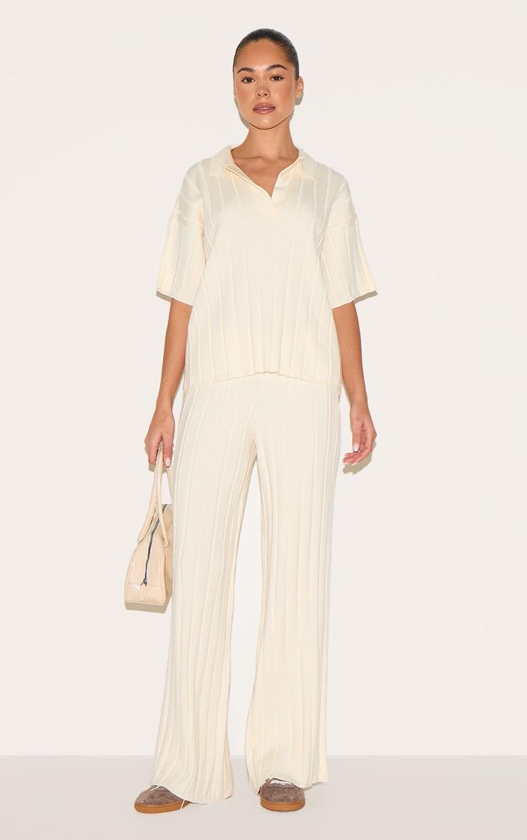 Cream Rib Knit Oversized Polo Top Product Image
