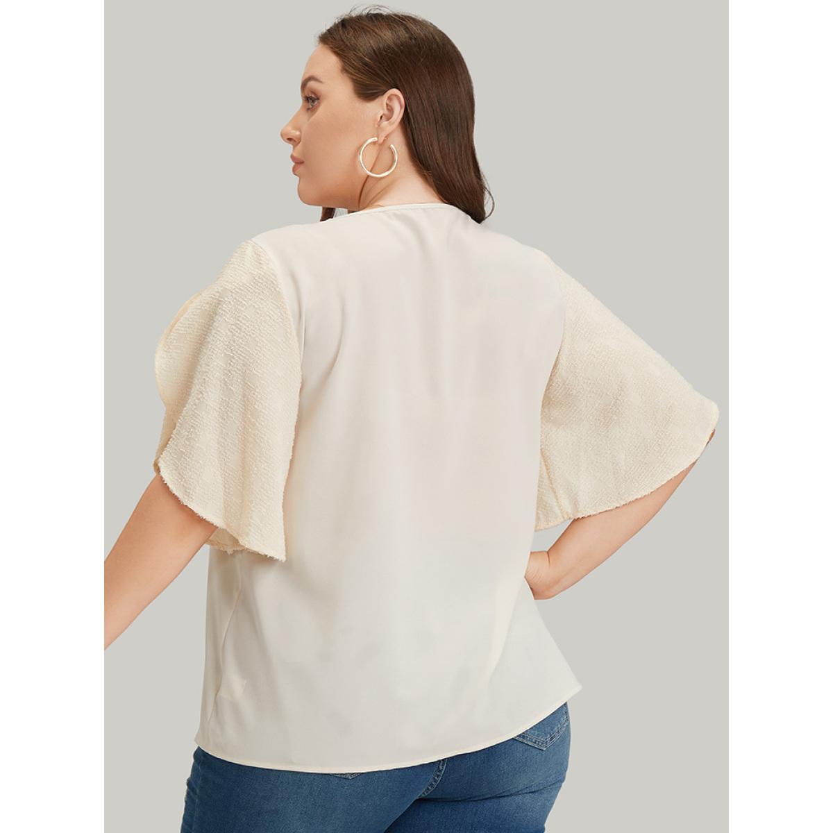 Plus Size Ivory Anti-Wrinkle Solid Patchwork Petal Sleeve Notched Blouse Women Office Half Sleeve Notched collar Work Blouses BloomChic 18-20/2X Product Image