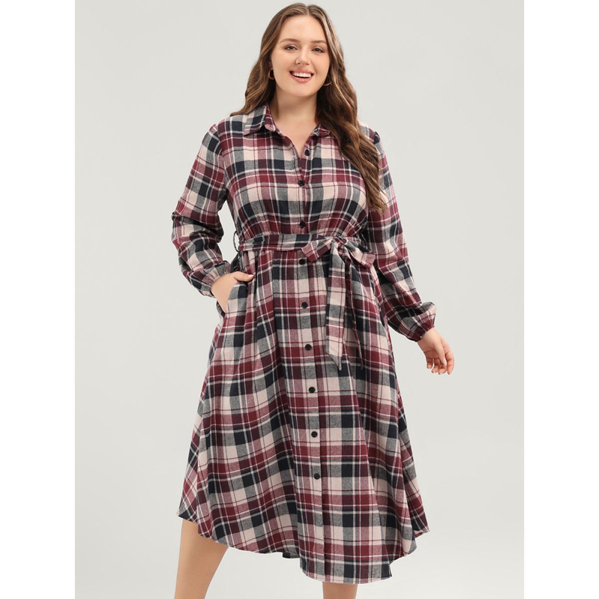 Plus Size Plaid Shirt Collar Pocket Belted Lantern Sleeve Button Up Dress Burgundy Women Elegant Shirt collar Long Sleeve Curvy Midi Dress BloomChic 28/5X Product Image