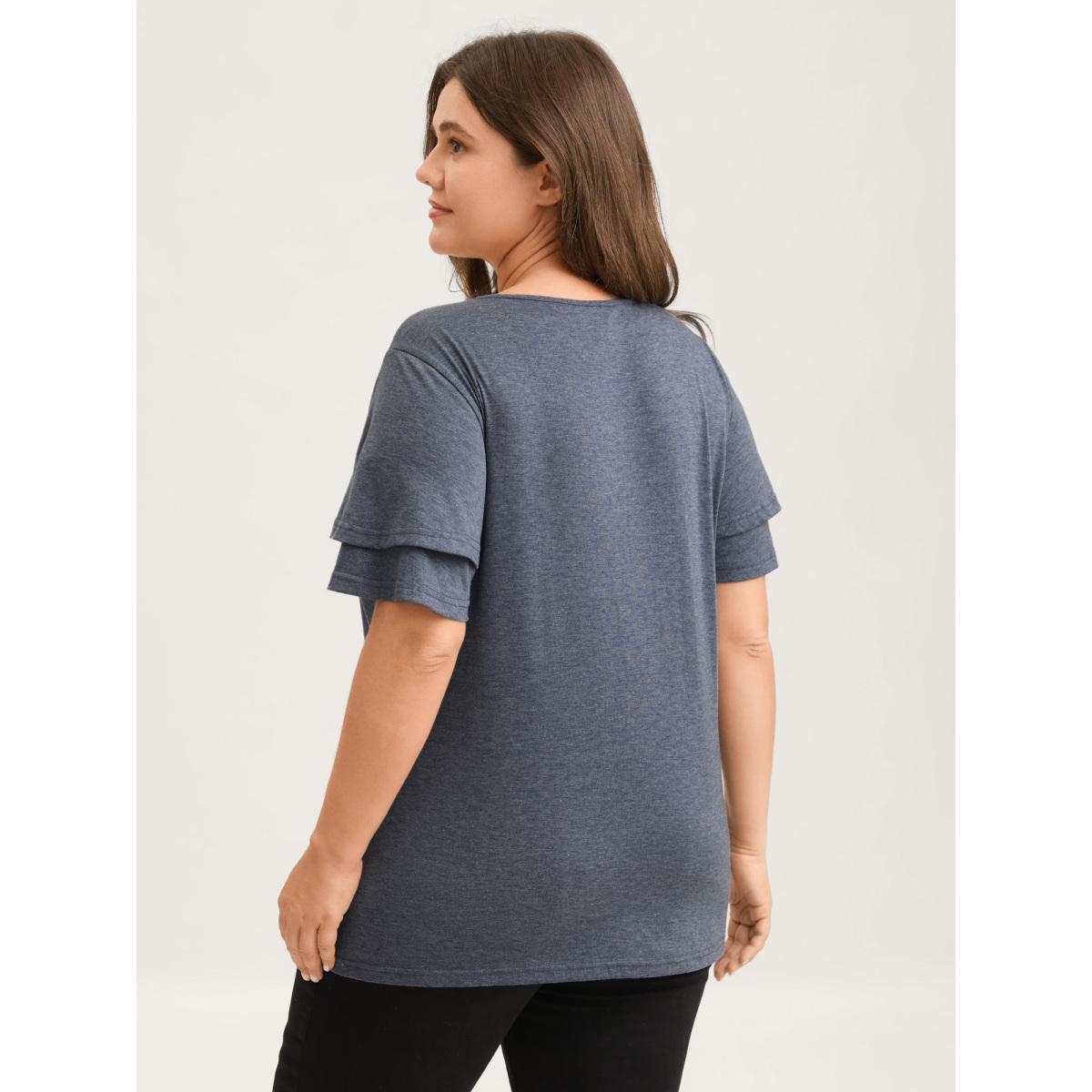 Plus Size Layered Sleeve Lace Neck Solid T-Shirt Stone Women Leisure Woven ribbon&lace trim V-neck Casual T-shirts BloomChic 28/5X Product Image