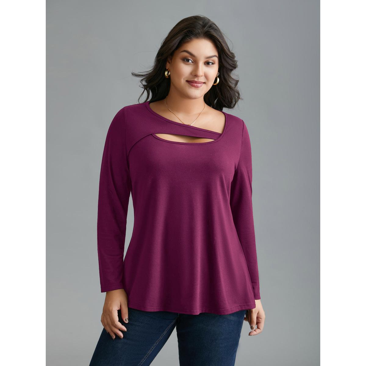 Plus Size Asymmetrical Neckline Long Sleeve T-shirt Deeppurplered Women Casual Cut-Out Asymmetrical Neck Everyday T-shirts BloomChic 22-24/3X Product Image
