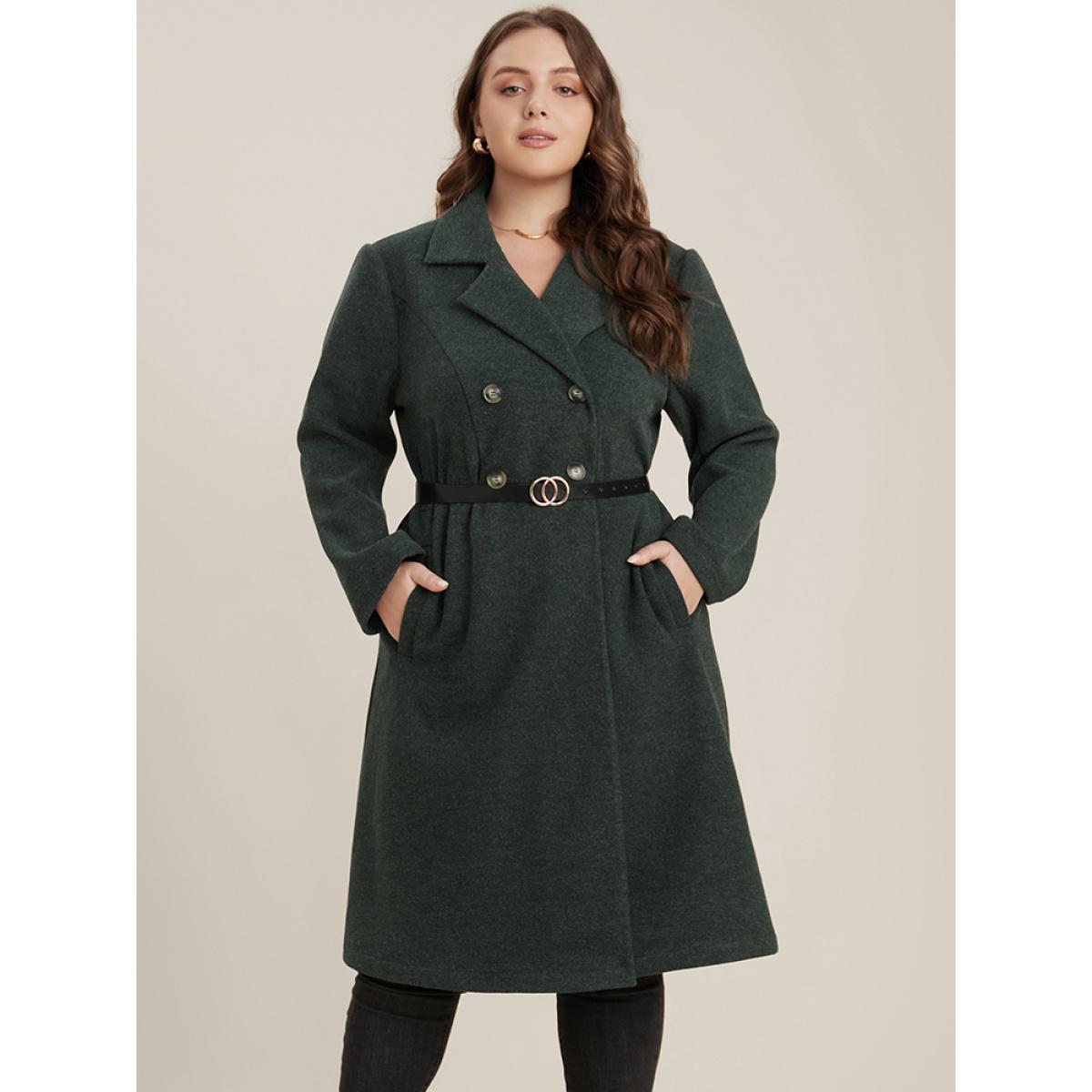 Plus Size Solid Pocket Double Breasted Heather Overlap Collar Coat Women DarkGreen Casual Plain Bodycon Ladies Dailywear Winter Coats BloomChic 30/6X Product Image