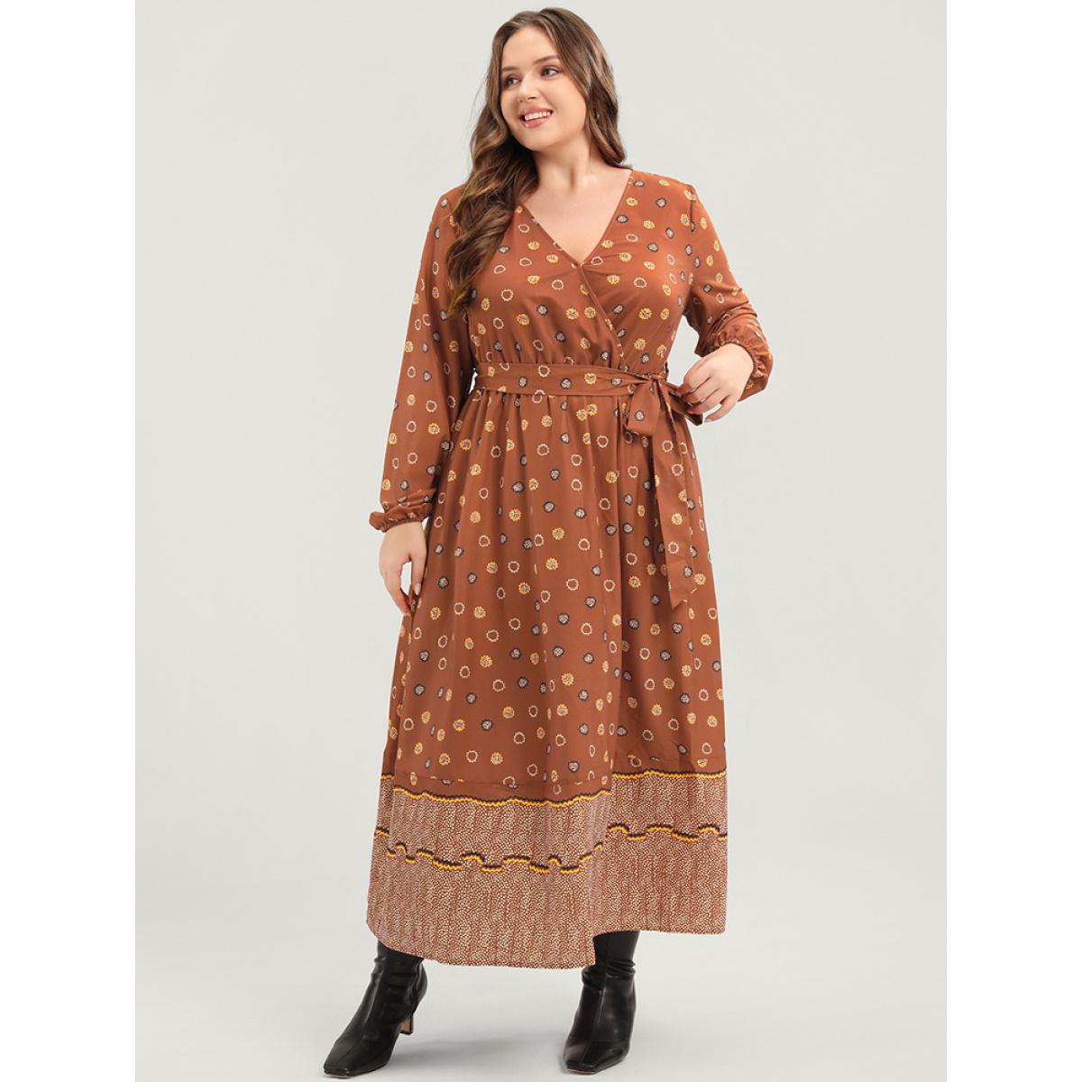 Plus Size Polka Dot Lantern Sleeve Pocket Belted Surplice Neck Maxi Dress Bronze Women Vacation V-neck Long Sleeve Curvy Long Dress BloomChic 14-16/1X Product Image