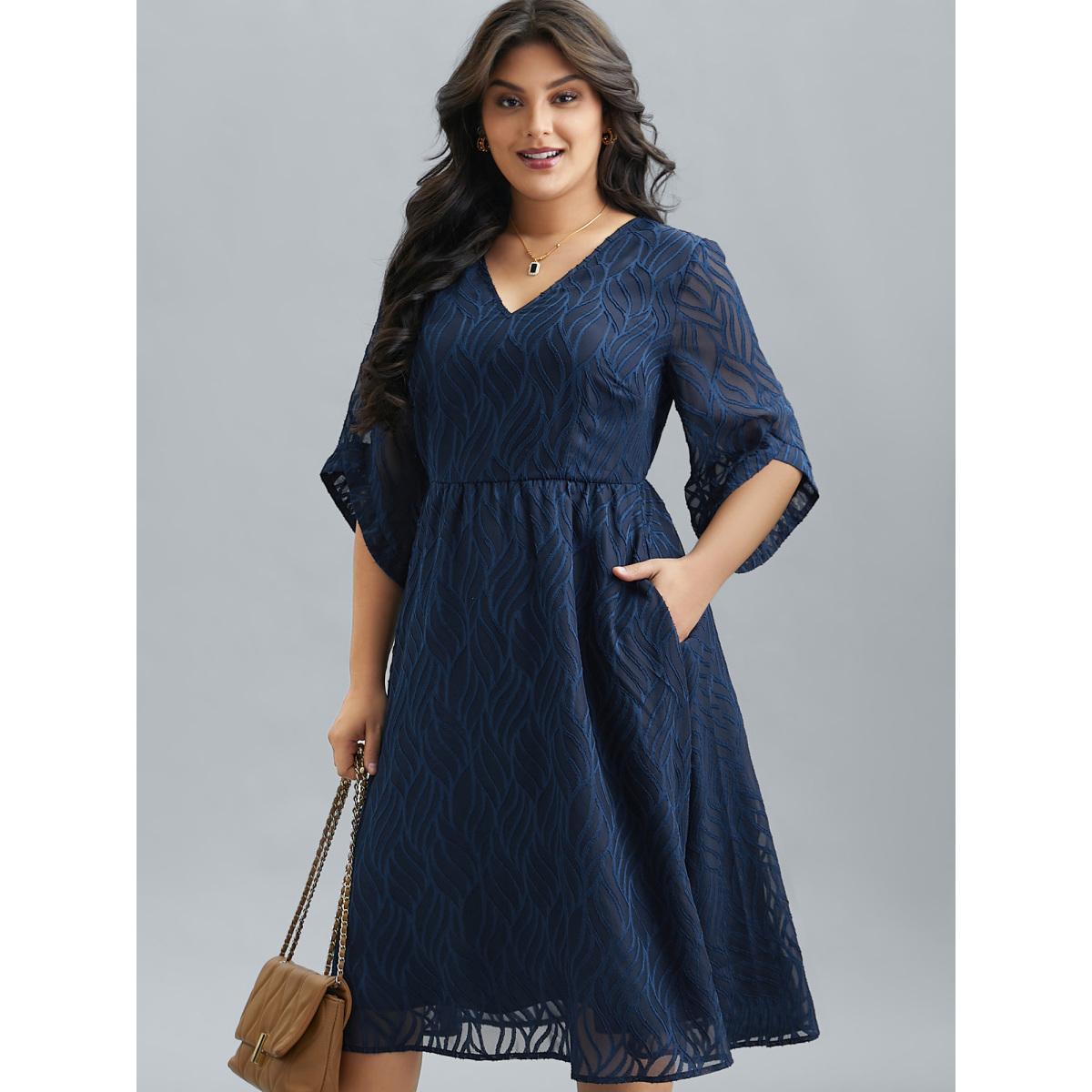 Plus Size Chiffon Textured Sheer Sleeve Midi Dress Navy Women At the Office Texture V-neck Elbow-length sleeve Curvy BloomChic 22-24/3X Product Image