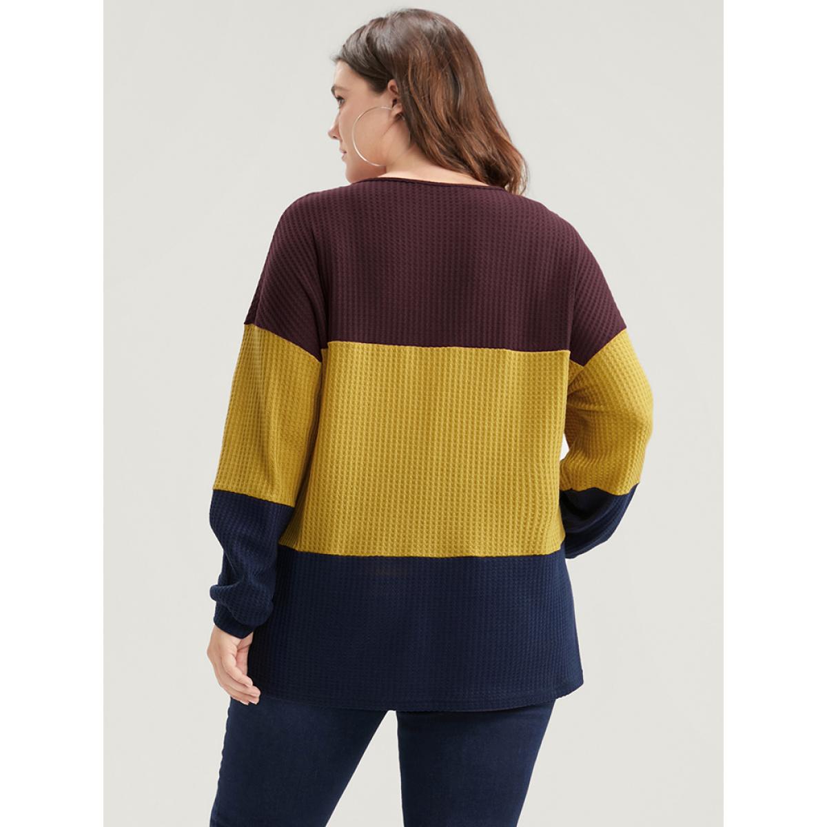 Plus Size Colorblock Contrast Button Detail Waffle Knit Sweatshirt Women Multicolor Casual Patchwork V-neck Dailywear Sweatshirts BloomChic 18-20/2X Product Image