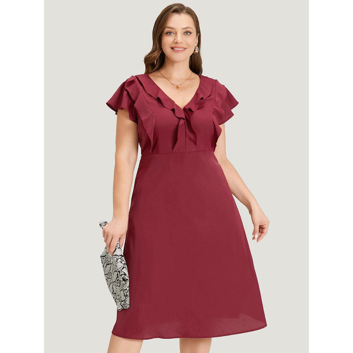 Plus Size Plain Ruffle Trim Pocket Cap Sleeve Midi Dress Scarlet Women Office Plain V-neck Sleeveless Curvy Midi Dress BloomChic 14-16/1X Product Image