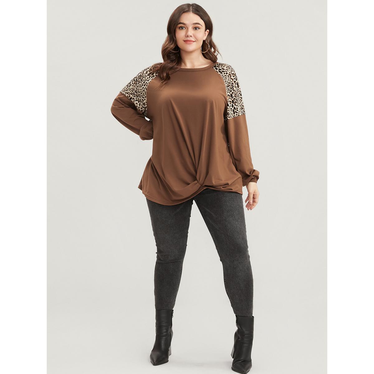 Plus Size Leopard Patchwork Lantern Sleeve Twist Front Sweatshirt Women DarkBrown Elegant Contrast Round Neck Dailywear Sweatshirts BloomChic 28/5X Product Image