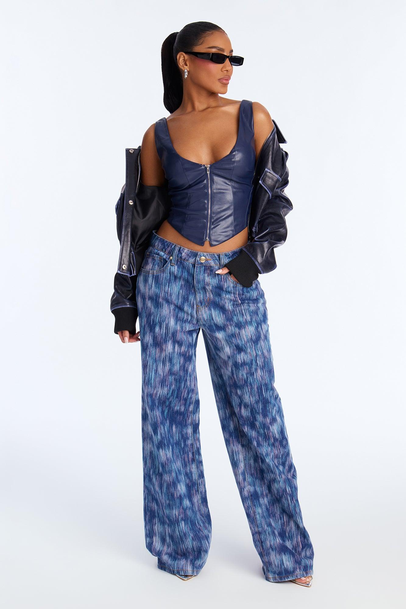 Harlow Faux Leather Zipper Top - Navy Female Product Image