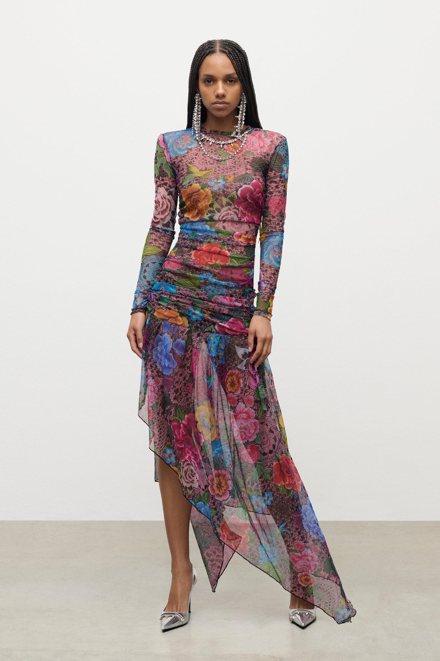 Crystal Embellished Printed Tulle Midi Dress Product Image