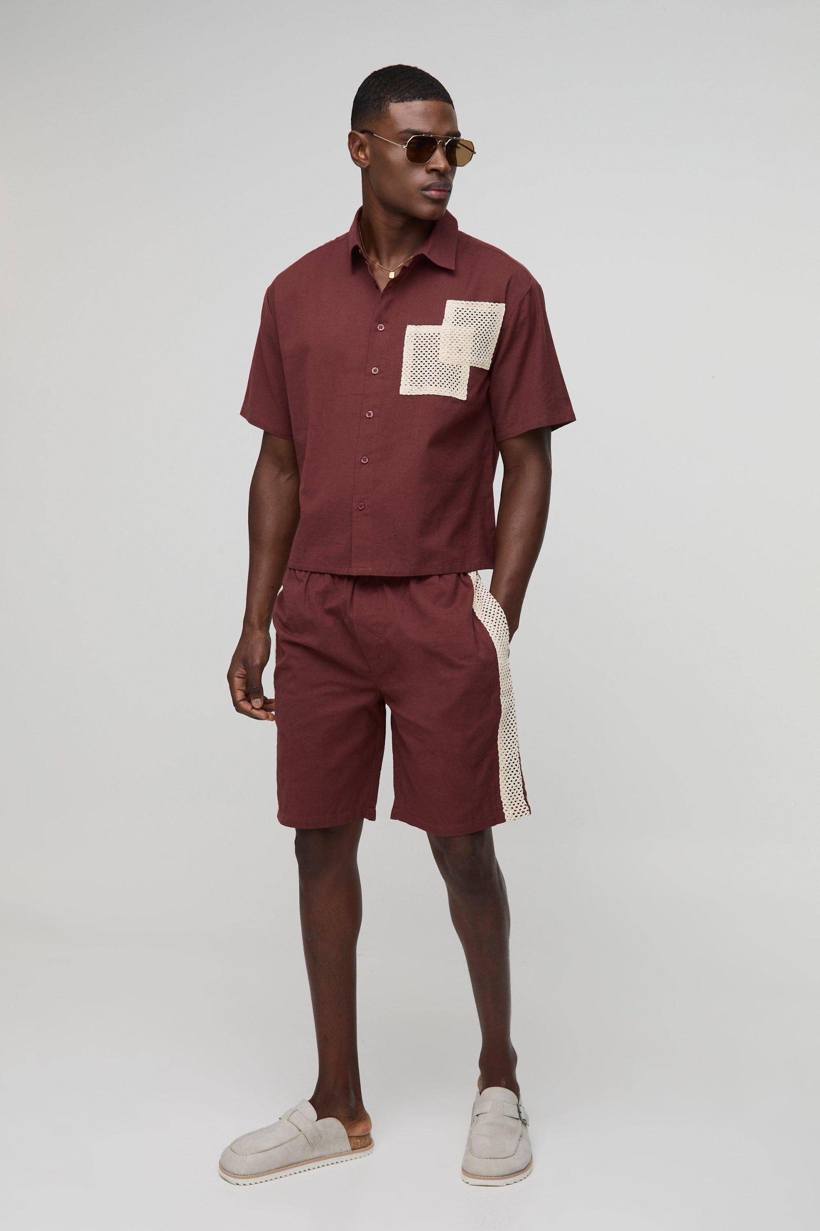 Oversized Boxy Linen Look Open Weave Pocket Shirt & Relaxed Panel Short | boohooMAN USA Product Image