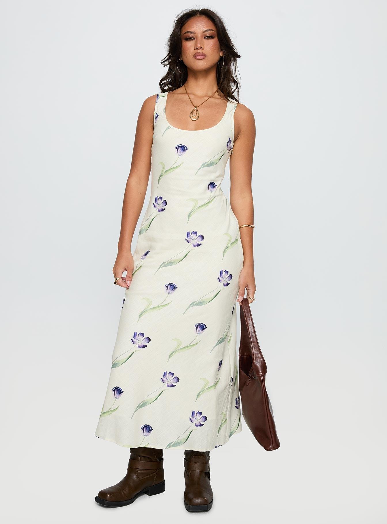 Jessabelle Linen Blend Midi Dress Cream Floral Product Image
