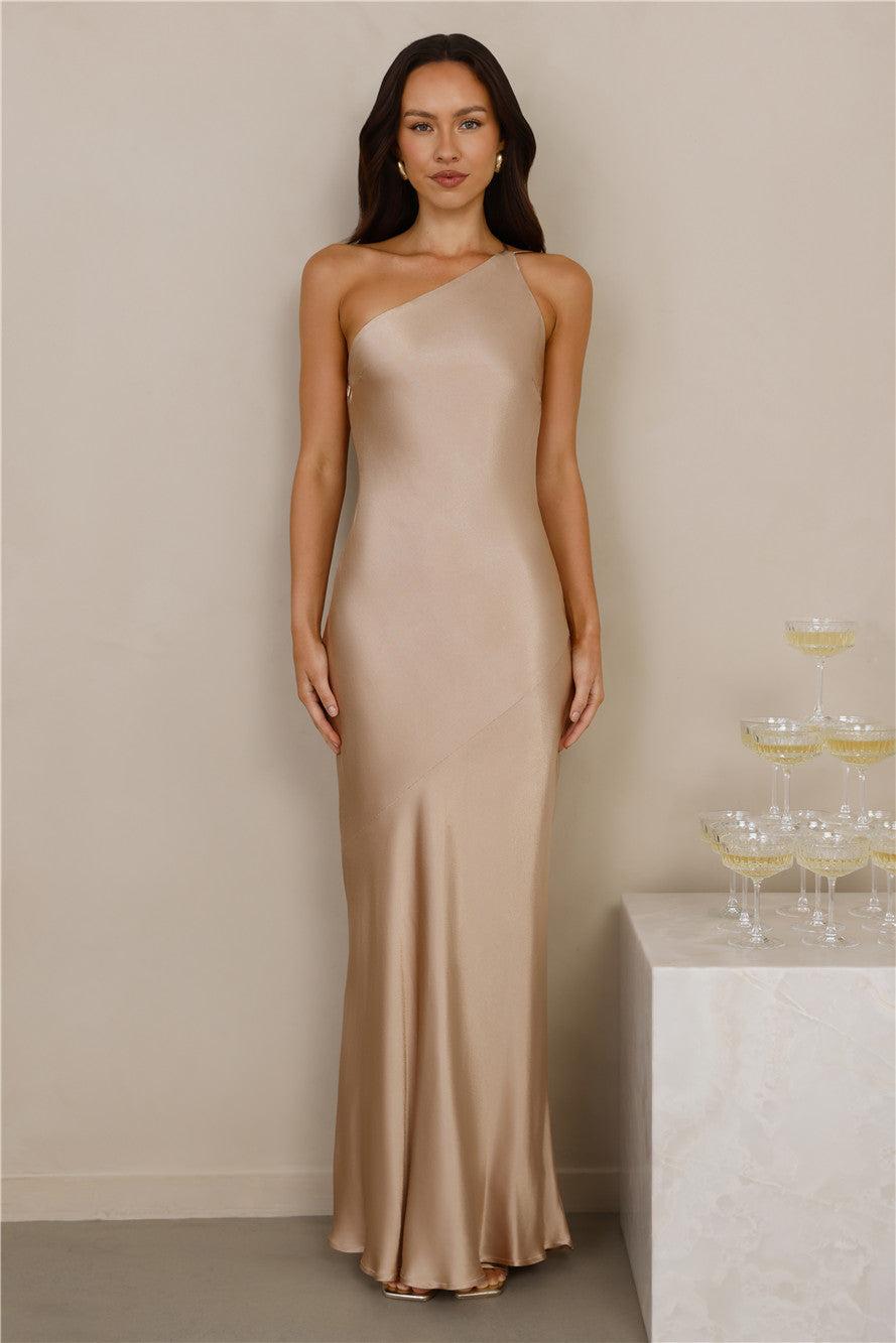 The Evangeline One Shoulder Satin Maxi Dress Champagne Product Image