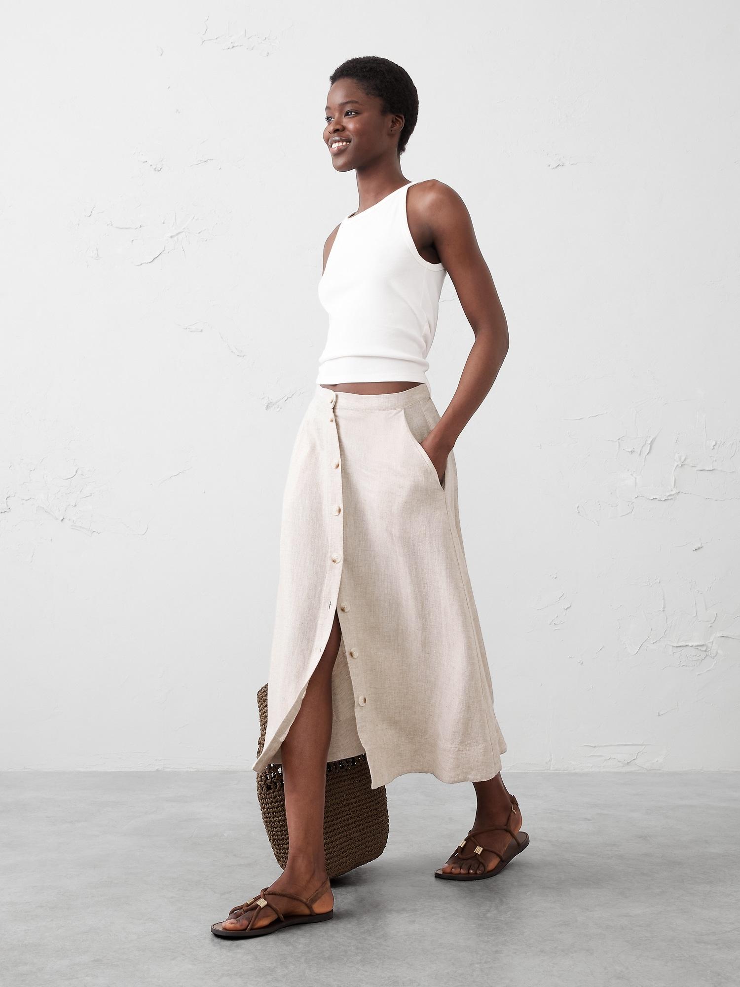 Linen-Blend Buttoned Midi Skirt Product Image