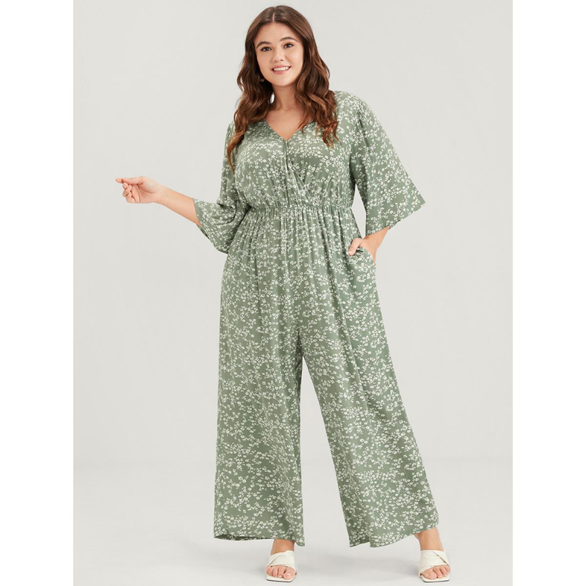 Plus Size LightGreen Ditsy Floral Pocket Elastic Waist Flutter Sleeve Wrap Jumpsuit Women Elegant Half Sleeve V-neck Dailywear Loose Jumpsuits BloomChic 10/M Product Image