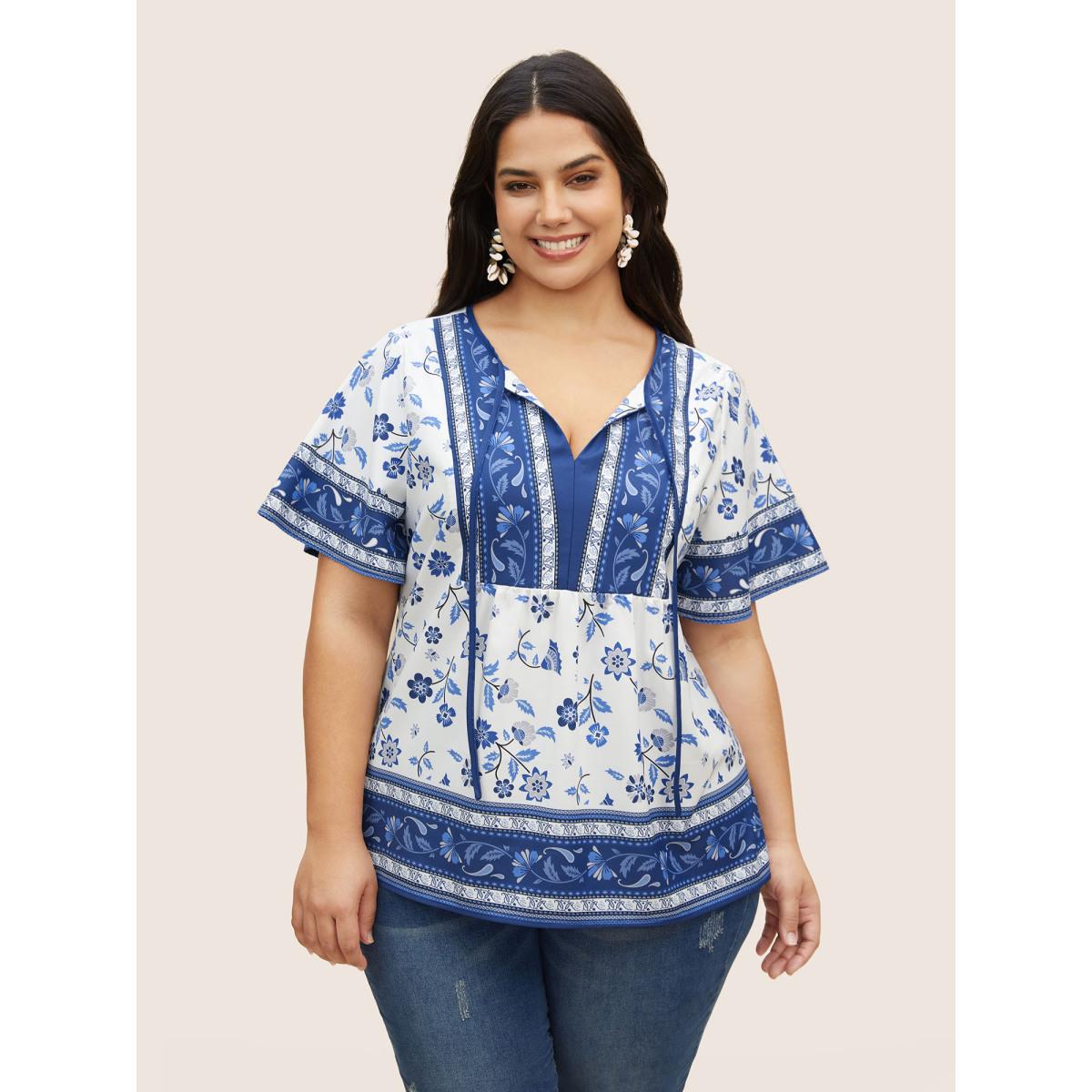 Plus Size Aegean Boho Print Tie Knot Ruffle Sleeve Blouse Women Resort Short sleeve Flat collar with V-notch Vacation Blouses BloomChic 10/M Product Image