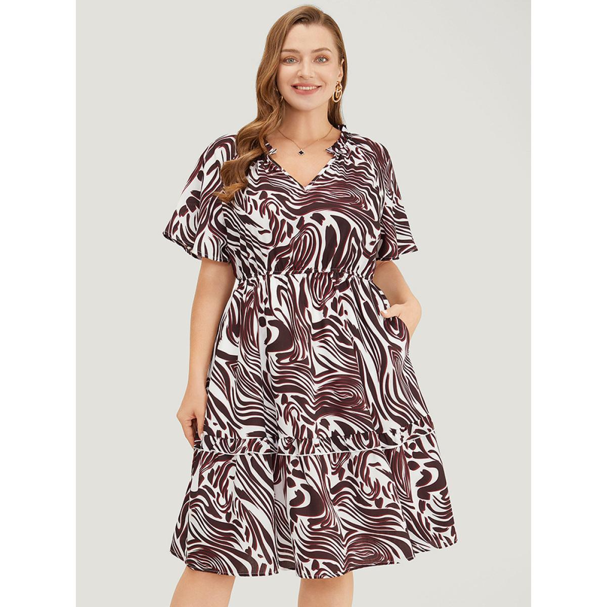 Plus Size Zebra Print Frill Trim Pocket Ruffle Sleeve Dress Multicolor Women Elegant Contrast V-neck Short sleeve Curvy Knee Dress BloomChic 18-20/2X Product Image