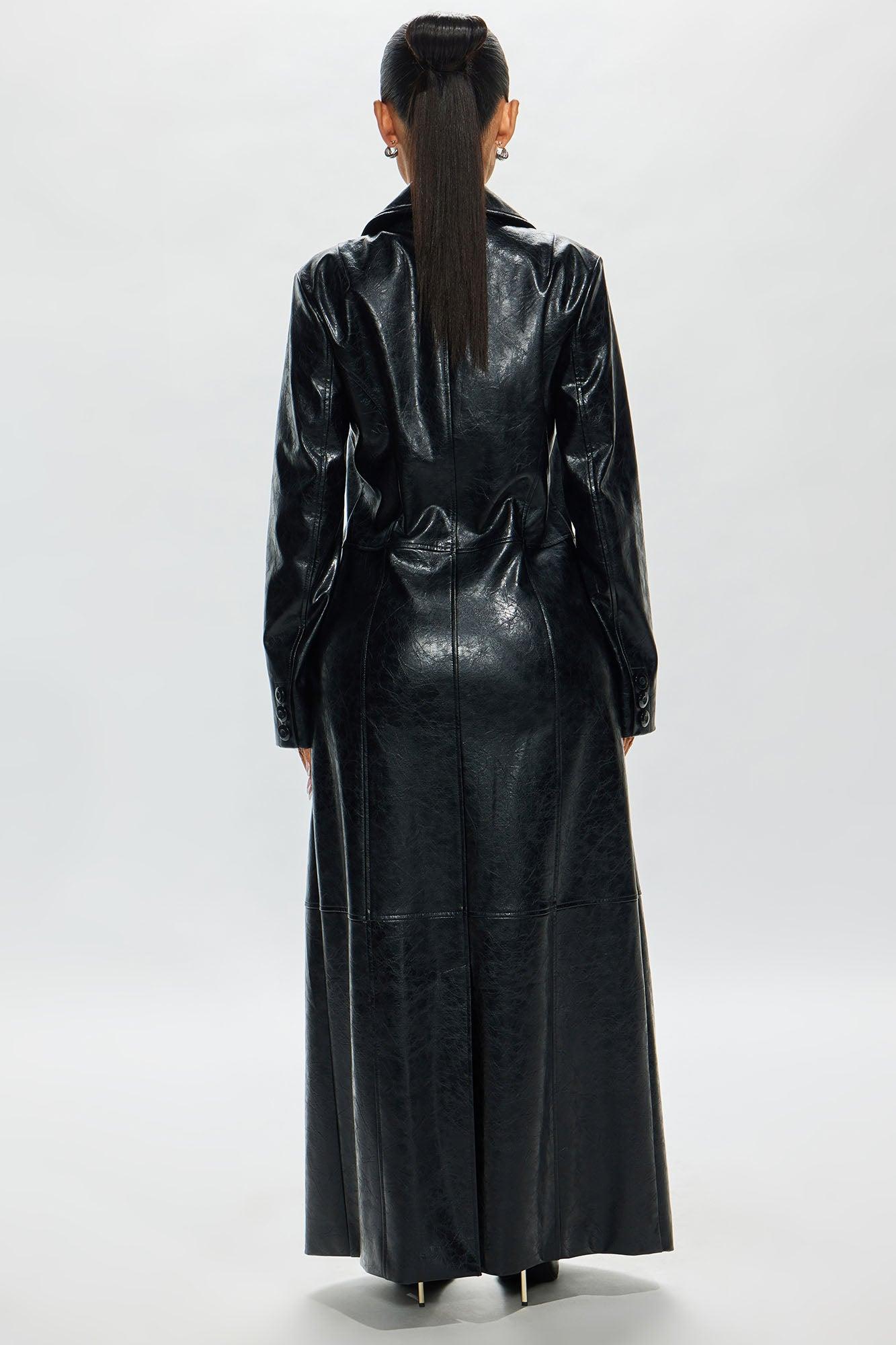 Helena Faux Leather Trench Coat - Black Product Image