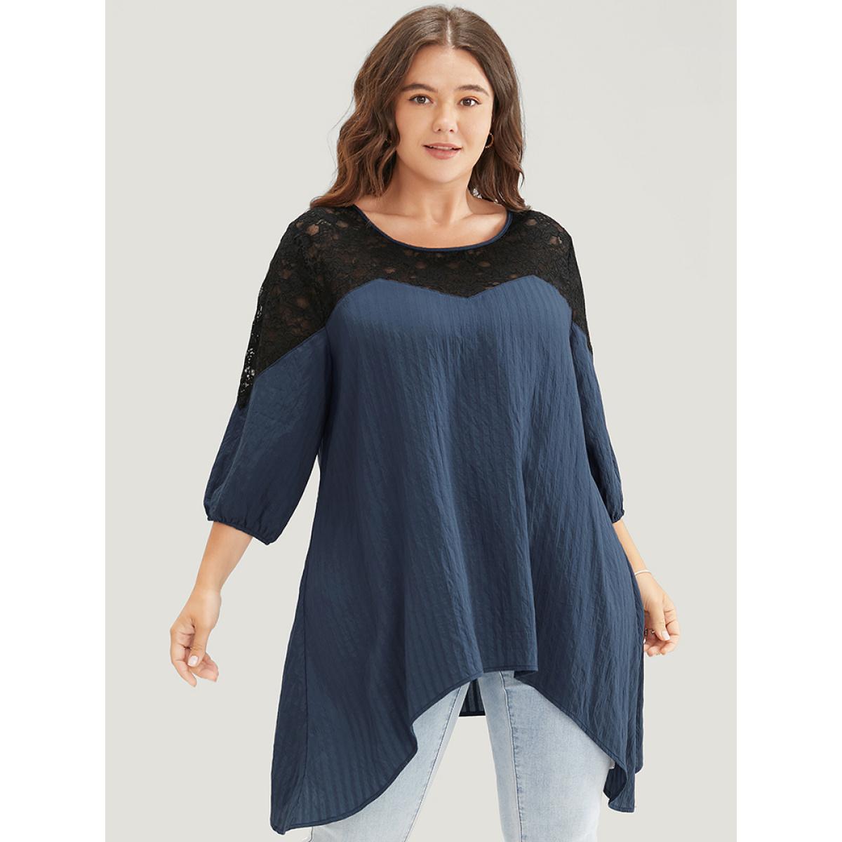 Plus Size Indigo Plain Contrast Lace Asymmetrical Lantern Sleeve Blouse Women Elegant Elbow-length sleeve V-neck Dailywear Blouses BloomChic 18-20/2X Product Image