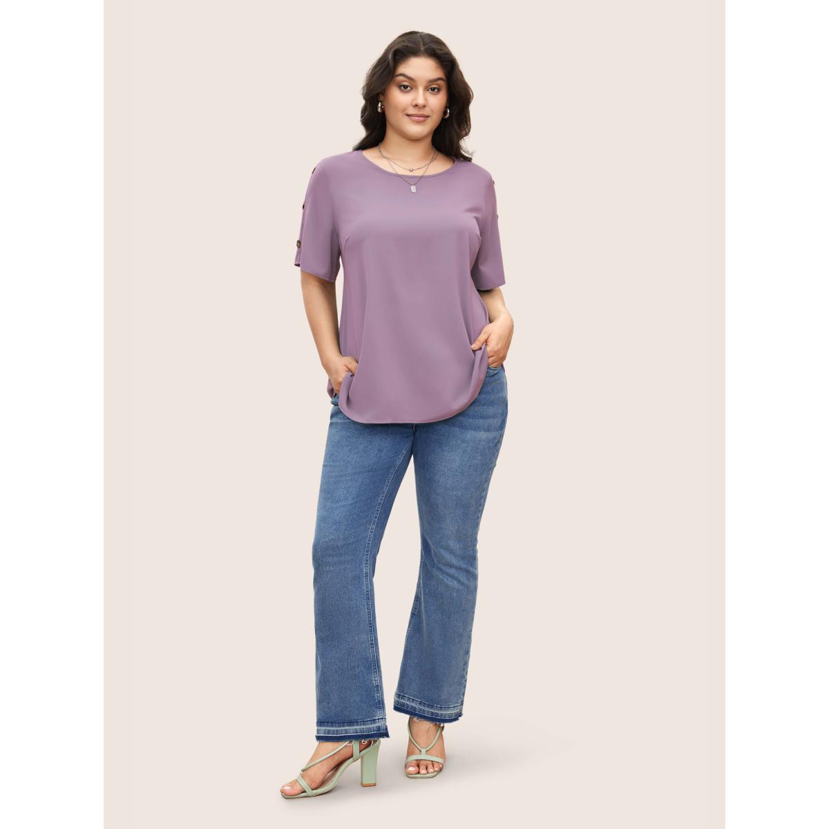 Plus Size Mauve Plain Round Neck Button Detail Blouse Women Casual Short sleeve Round Neck Everyday Blouses BloomChic 14-16/1X Product Image