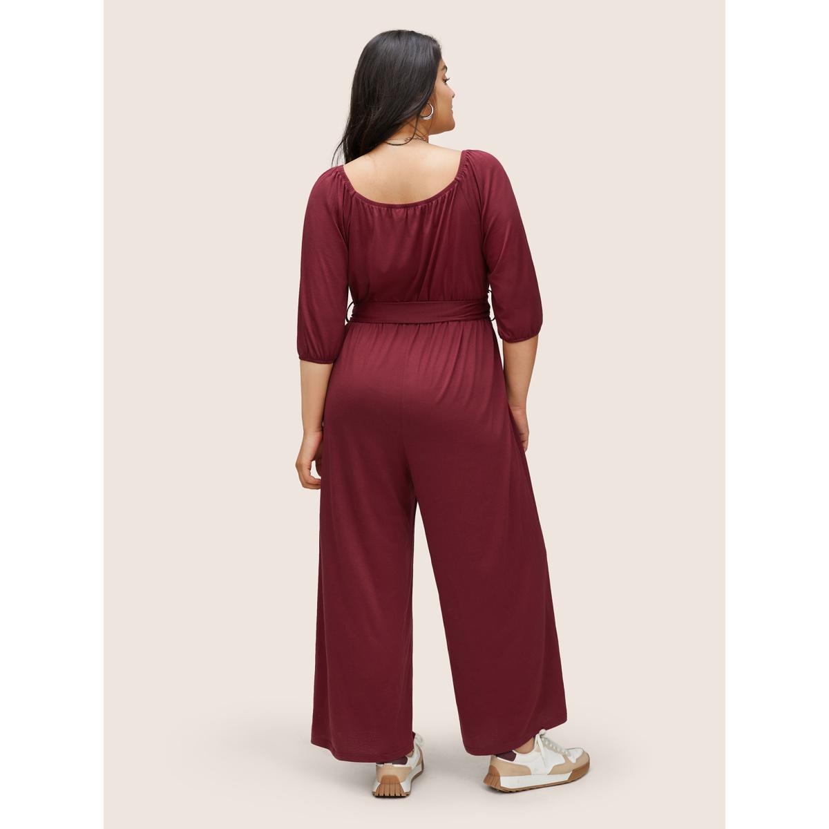 Plus Size Scarlet Supersoft Essentials Plain Belted Gathered Jumpsuit Women Casual Elbow-length sleeve Square Neck Everyday Loose Jumpsuits BloomChic 18-20/2X Product Image