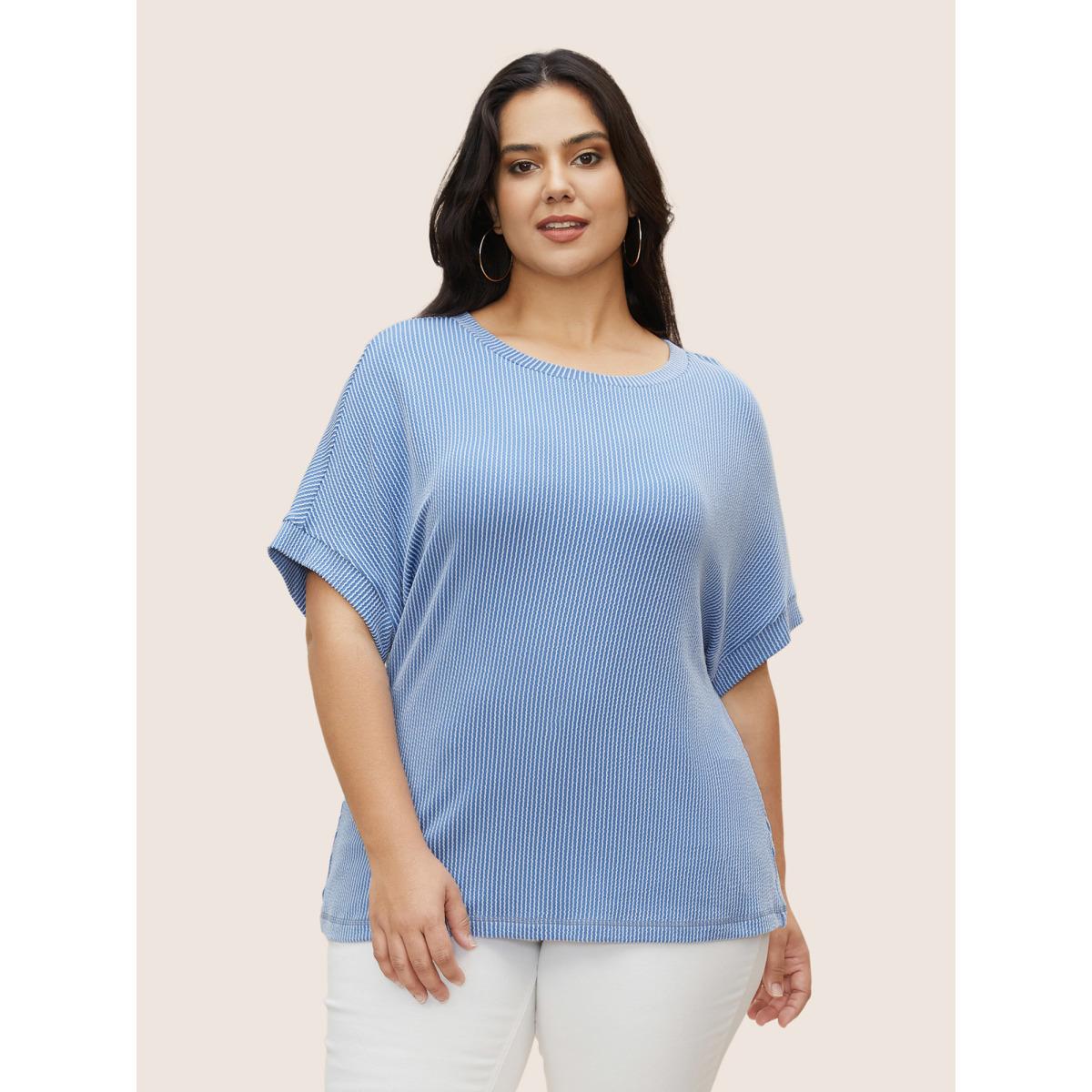 Plus Size Striped Round Neck Batwing Sleeve T-shirt Blue Women Casual Round Neck Everyday T-shirts BloomChic 12/L Product Image