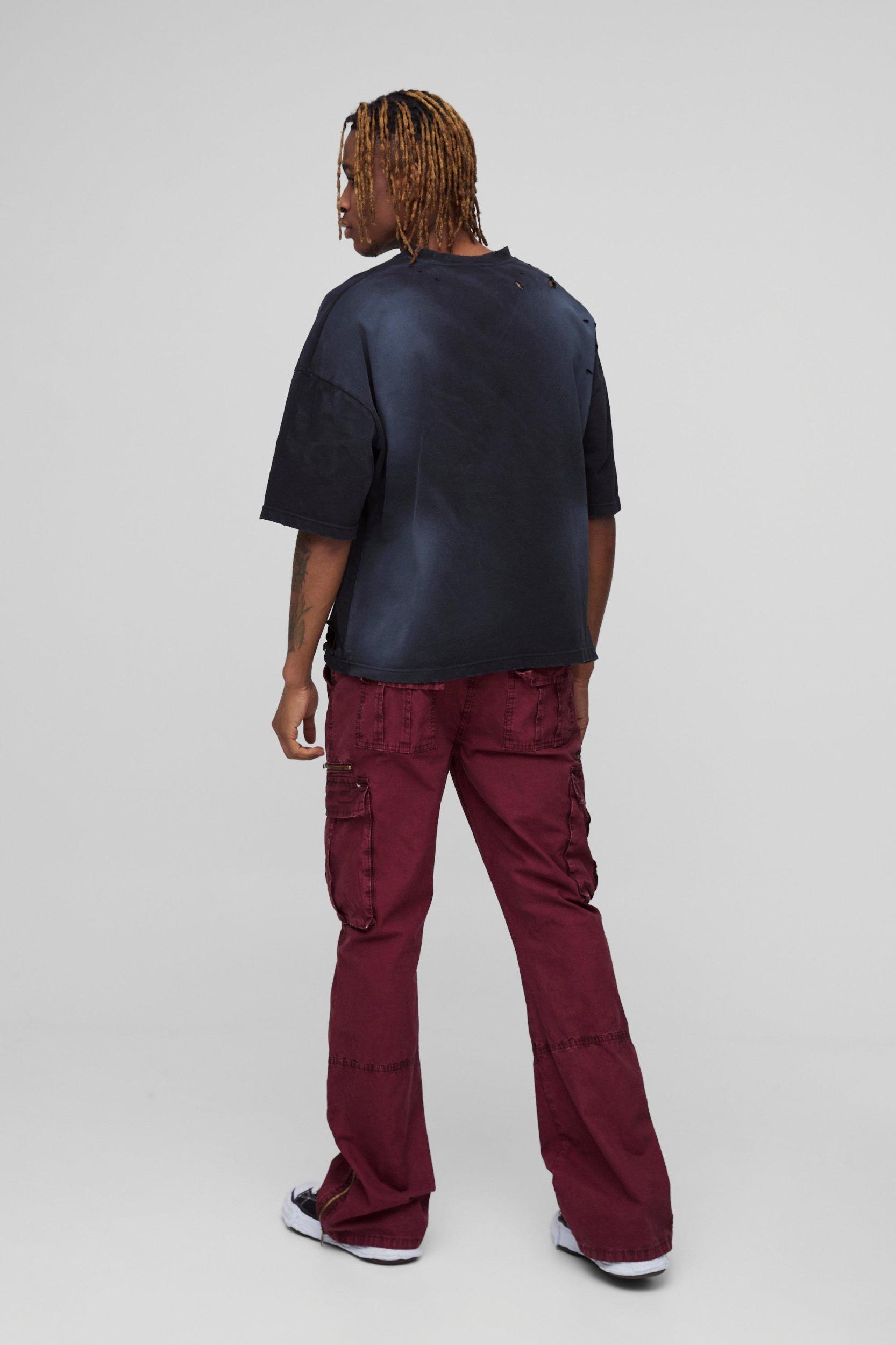 Tall Slim Flare Zip Gusset Overdye Acid Wash Cargo Pants | boohooMAN USA Product Image