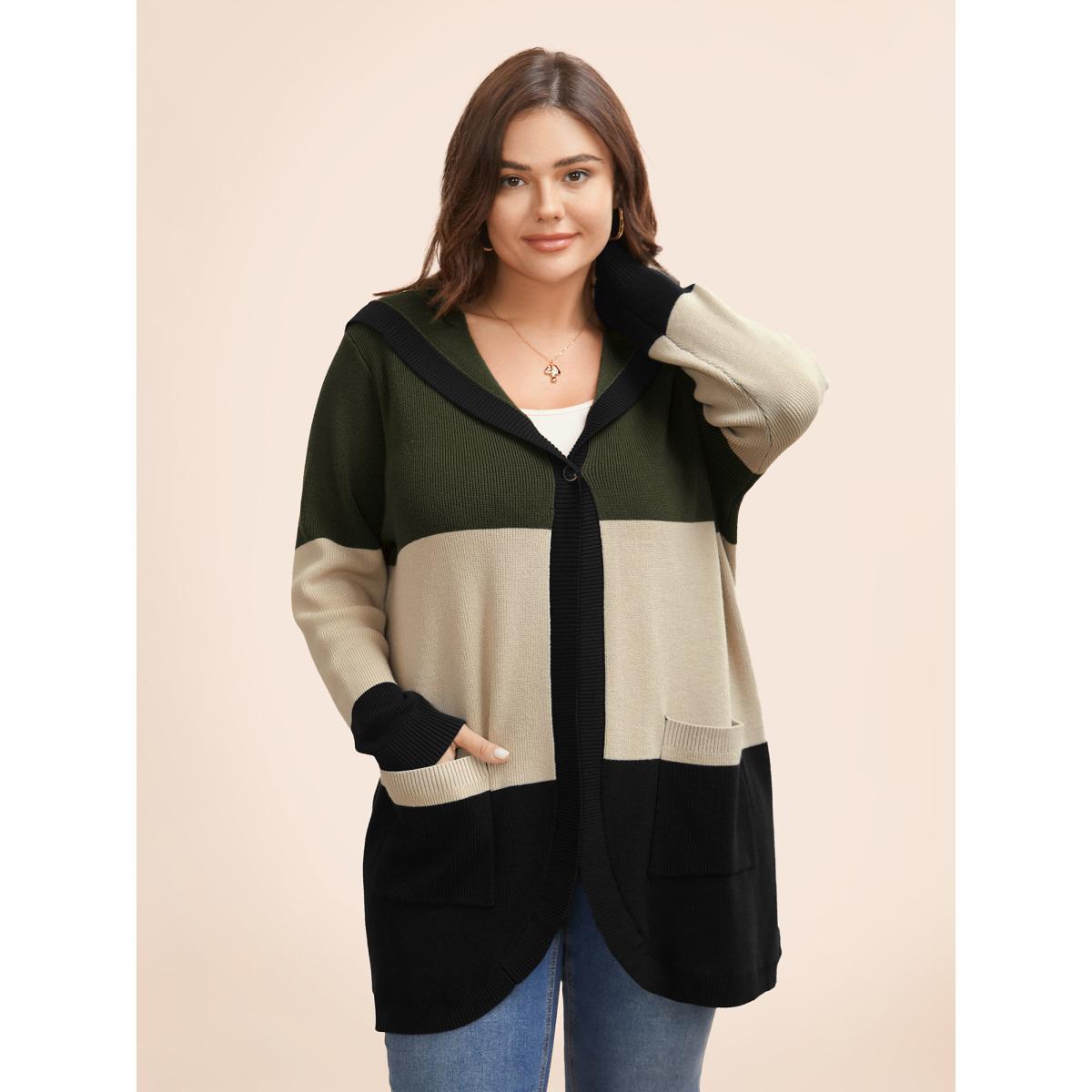 Plus Size Colorblock Contrast Patched Pocket Hooded Cardigan Browncoffeecolor Women Leisure Loose Long Sleeve Casual Cardigans BloomChic 30/6X Product Image