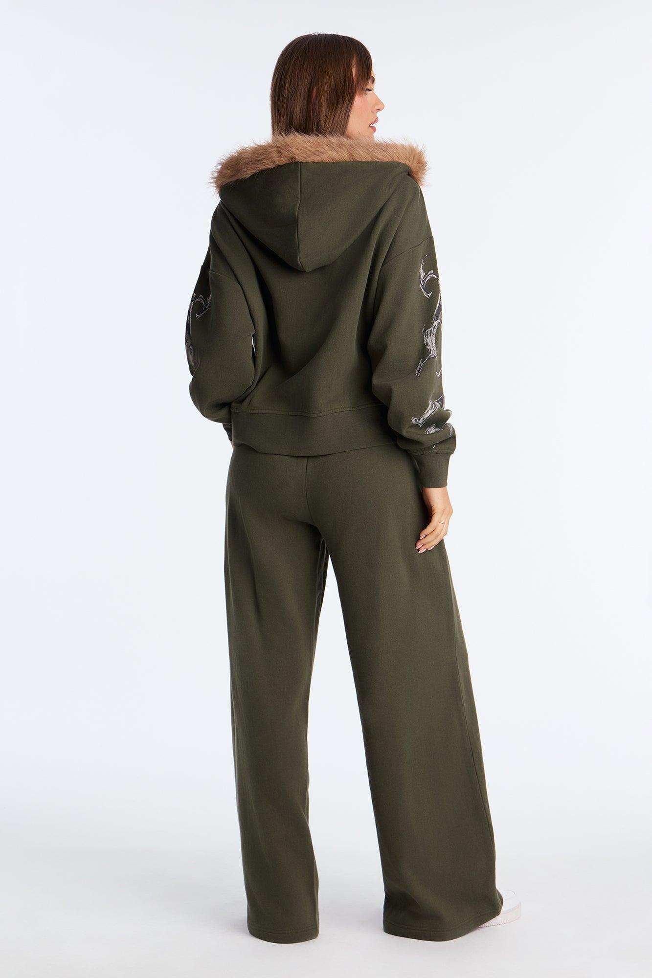 Edgy Vibe Fleece Washed Pant Set - Olive Female Product Image