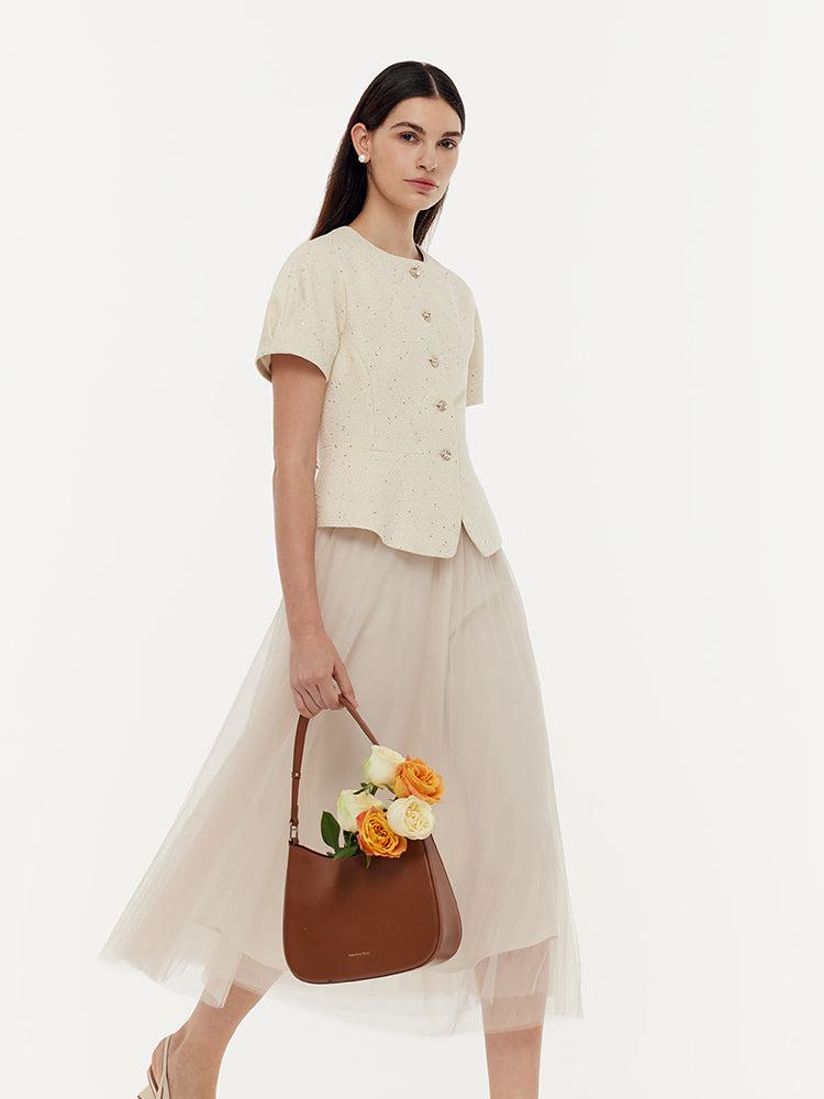 Tweed Sequins Short Sleeve Jacket And Mesh Skirt Two-Piece Set Product Image