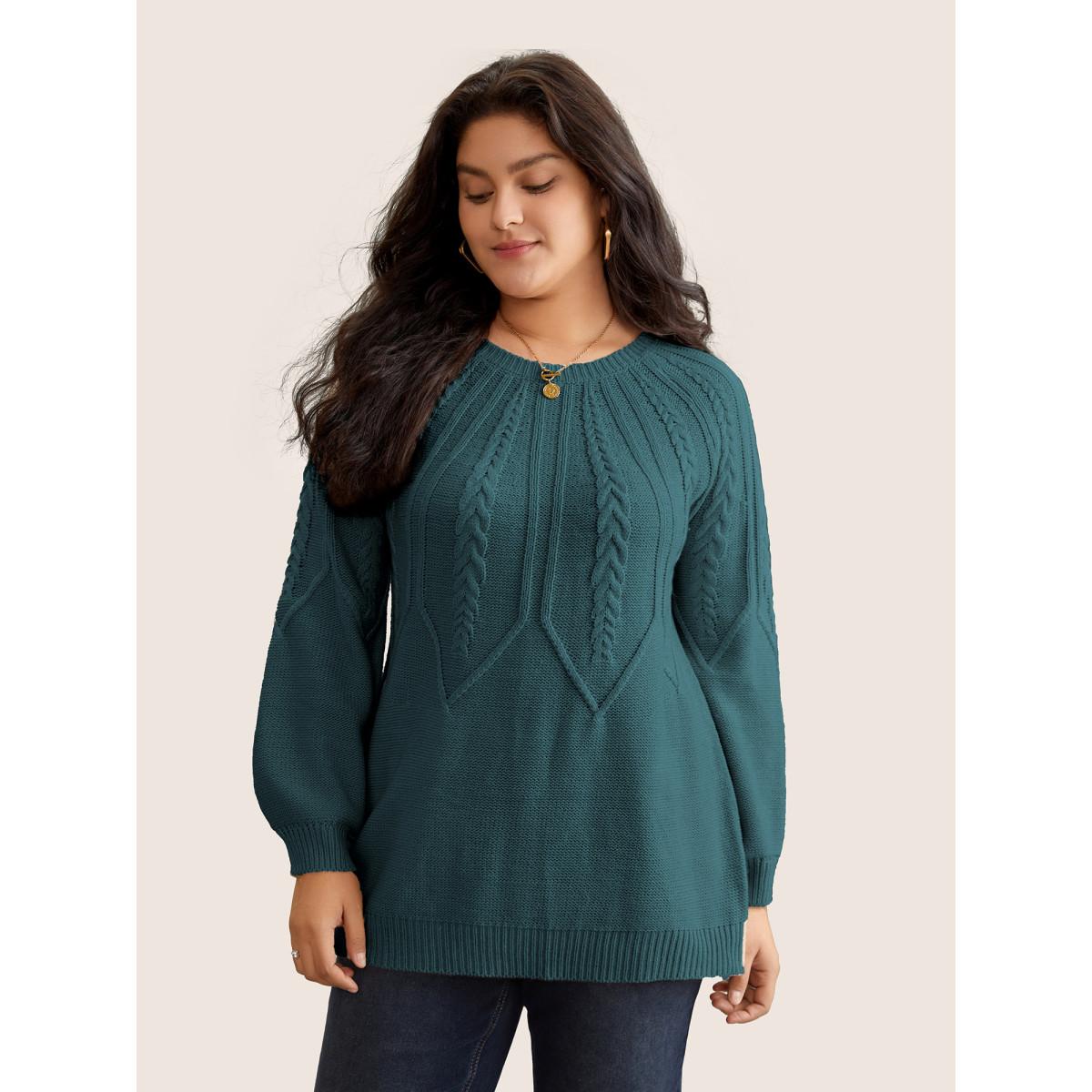 Plus Size Solid Textured Lantern Sleeve Pullover Cyan Women Leisure Long Sleeve Round Neck Casual Pullovers BloomChic 18-20/2X Product Image