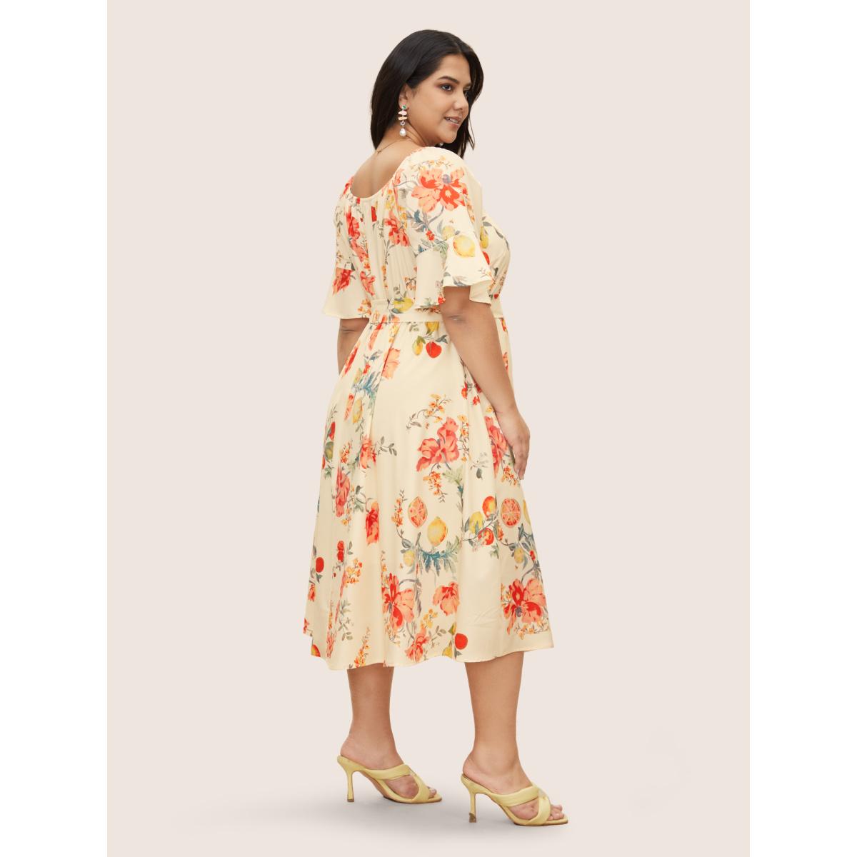 Plus Size Citrus Orange Print Square Neck Ruffles Gathered Dress Apricot Women Elegant Gathered Square Neck Half Sleeve Curvy Midi Dress BloomChic 12/L Product Image