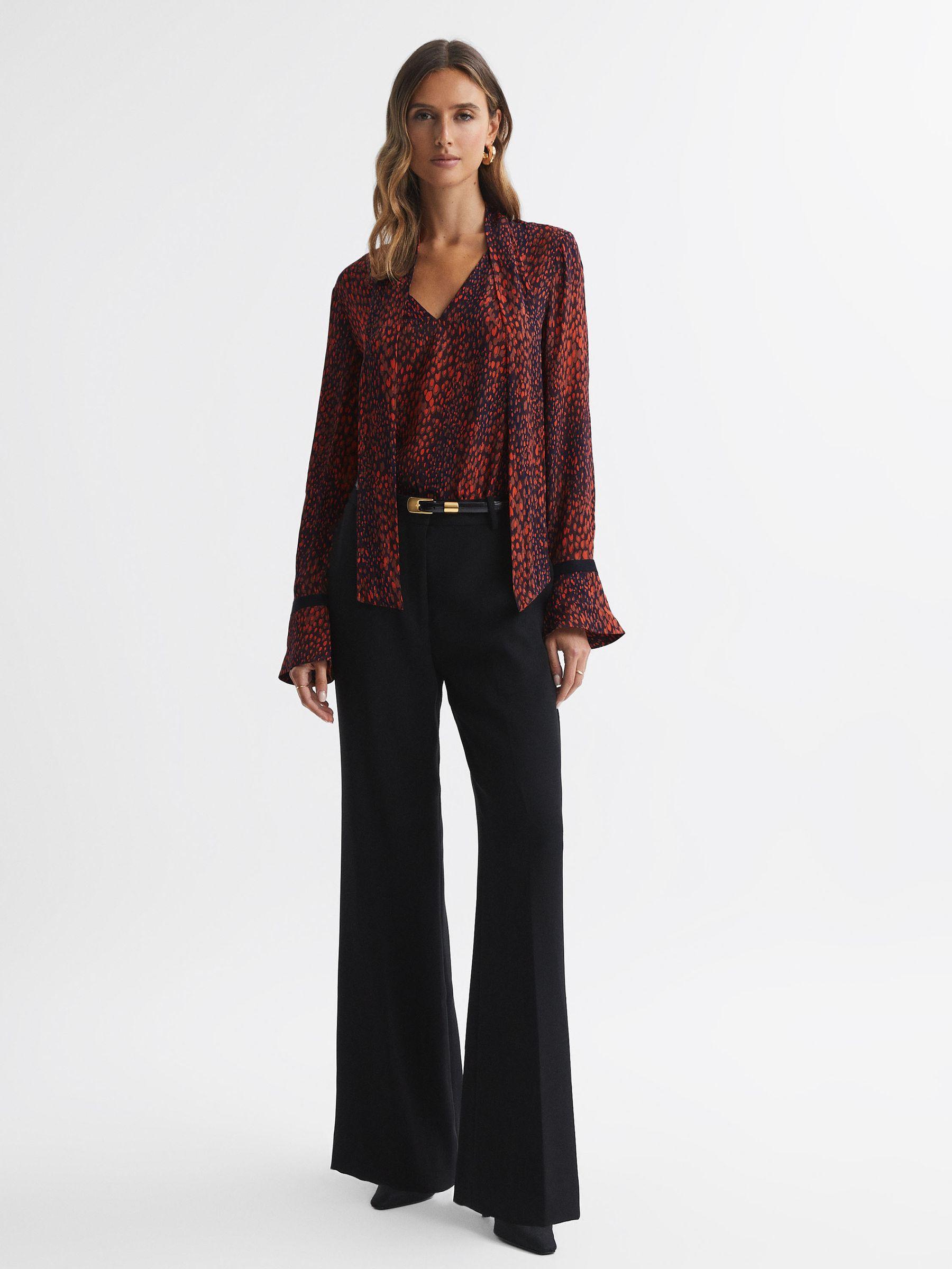 Animal Print Neck Tie Blouse in Red Product Image