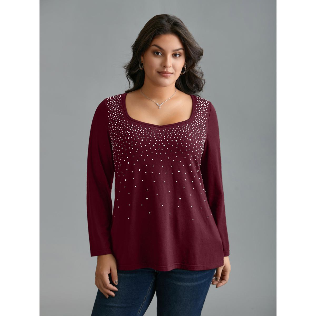 Plus Size Sequin Stretchy Long Sleeve T-shirt Black Women Timeless Rhinestone detailing Heart neckline Elegant T-shirts BloomChic 22-24/3X Product Image