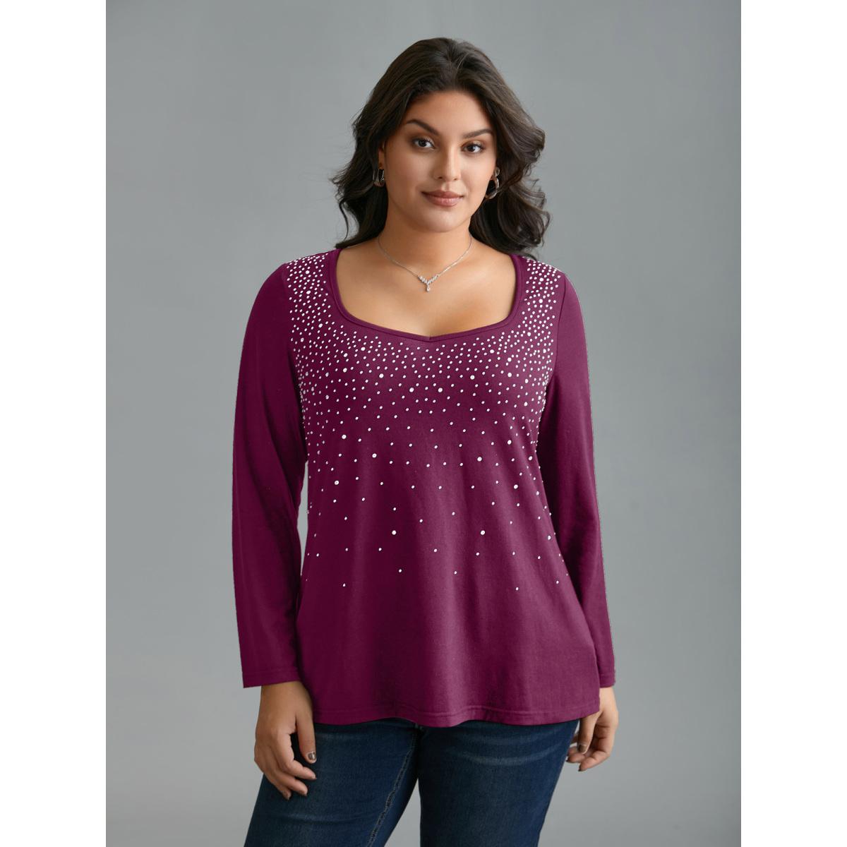 Plus Size Sequin Stretchy Long Sleeve T-shirt RedViolet Women Elegant Rhinestone detailing Heart neckline Everyday T-shirts BloomChic 28/5X Product Image