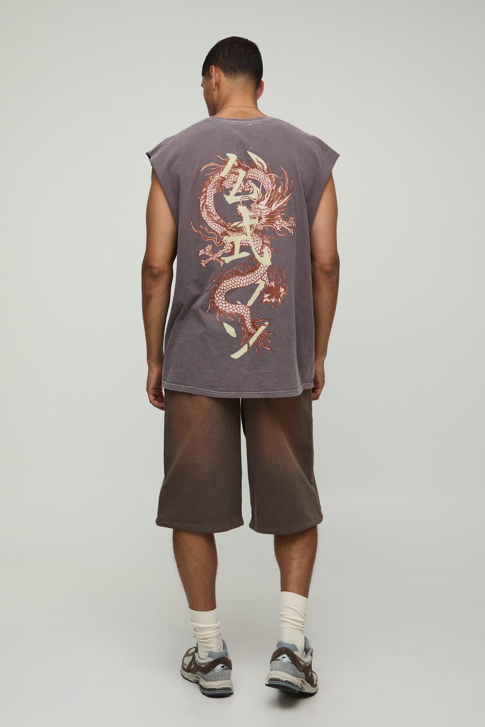 Chocolate Oversized Washed Dragon Graphic Tank | boohooMAN USA Product Image
