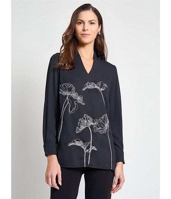 MISOOK Floral Embroidered Crepe De Chine V-Neck Long Sleeve Tunic Product Image