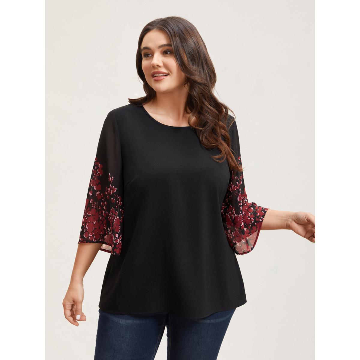 Plus Size Black Floral Spliced Round Neck Blouse Women Elegant Elbow-length sleeve Non Everyday Blouses BloomChic 18-20/2X Product Image