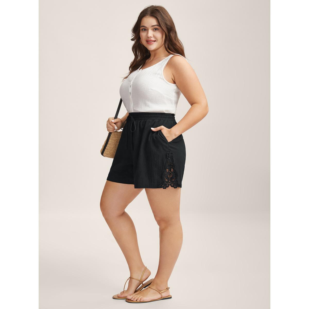Plus Size Lace Trim Waist Drawstring Shorts Women Black Boho Vacation Shorts BloomChic 18-20/2X Product Image