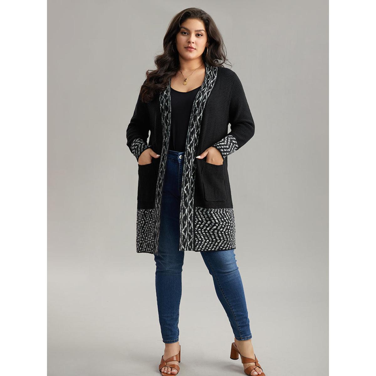 Plus Size Bandana Trim Patched Pocket Cardigan Black Women Casual Loose Long Sleeve Everyday Cardigans BloomChic 18-20/2X Product Image