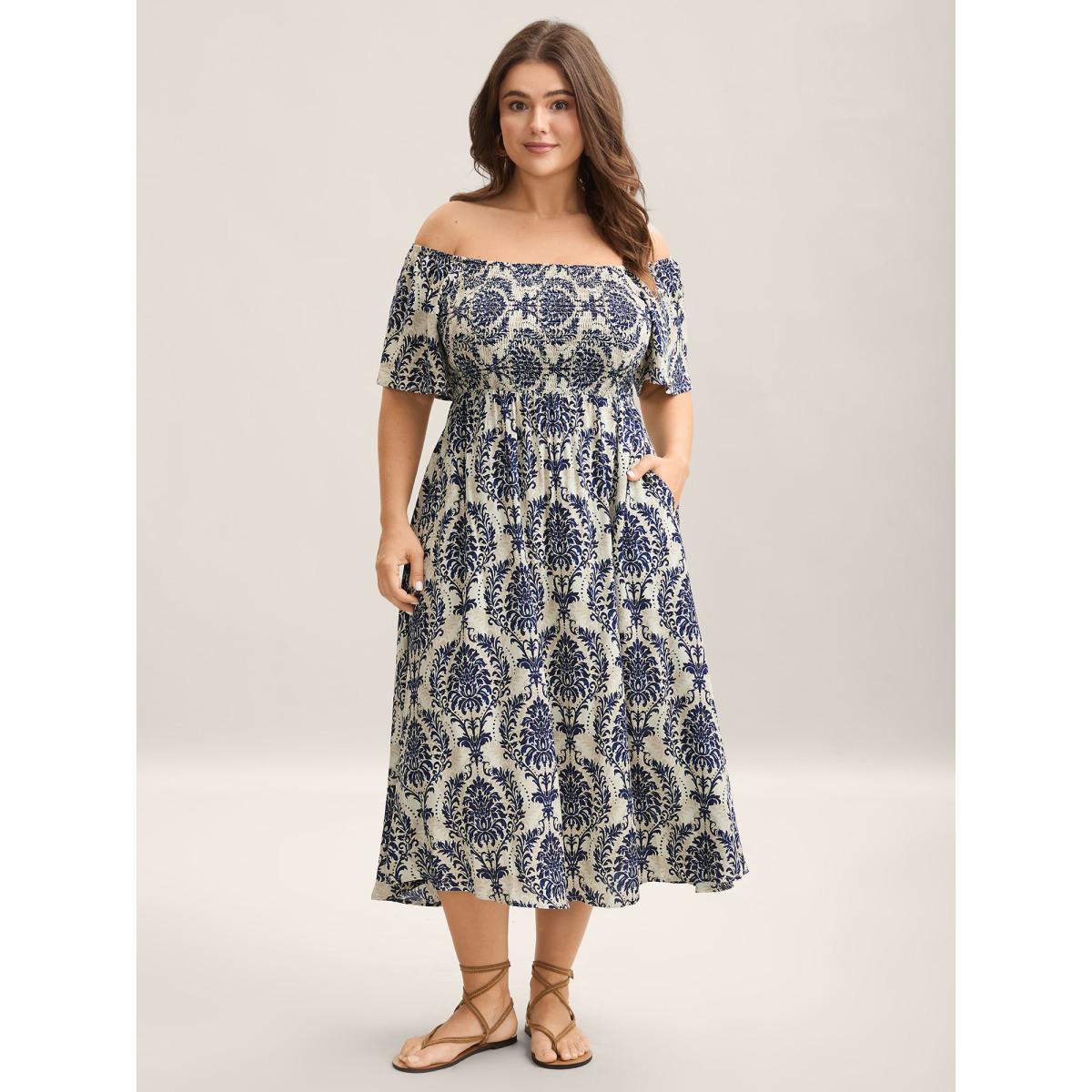 Plus Size Bandana Print Shirred Off Shoulder Dress DarkBlue Women Resort Non One-shoulder neck Short sleeve Curvy Midi Dress BloomChic 18-20/2X Product Image