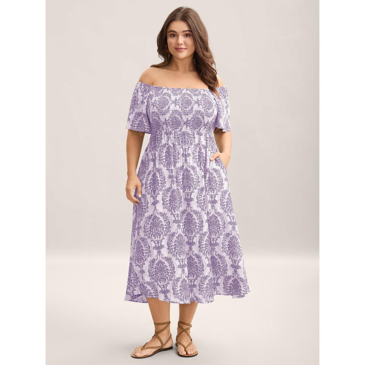 Plus Size Bandana Print Shirred Off Shoulder Dress Lavender Women Resort Non One-shoulder neck Short sleeve Curvy Midi Dress BloomChic 26/4X Product Image